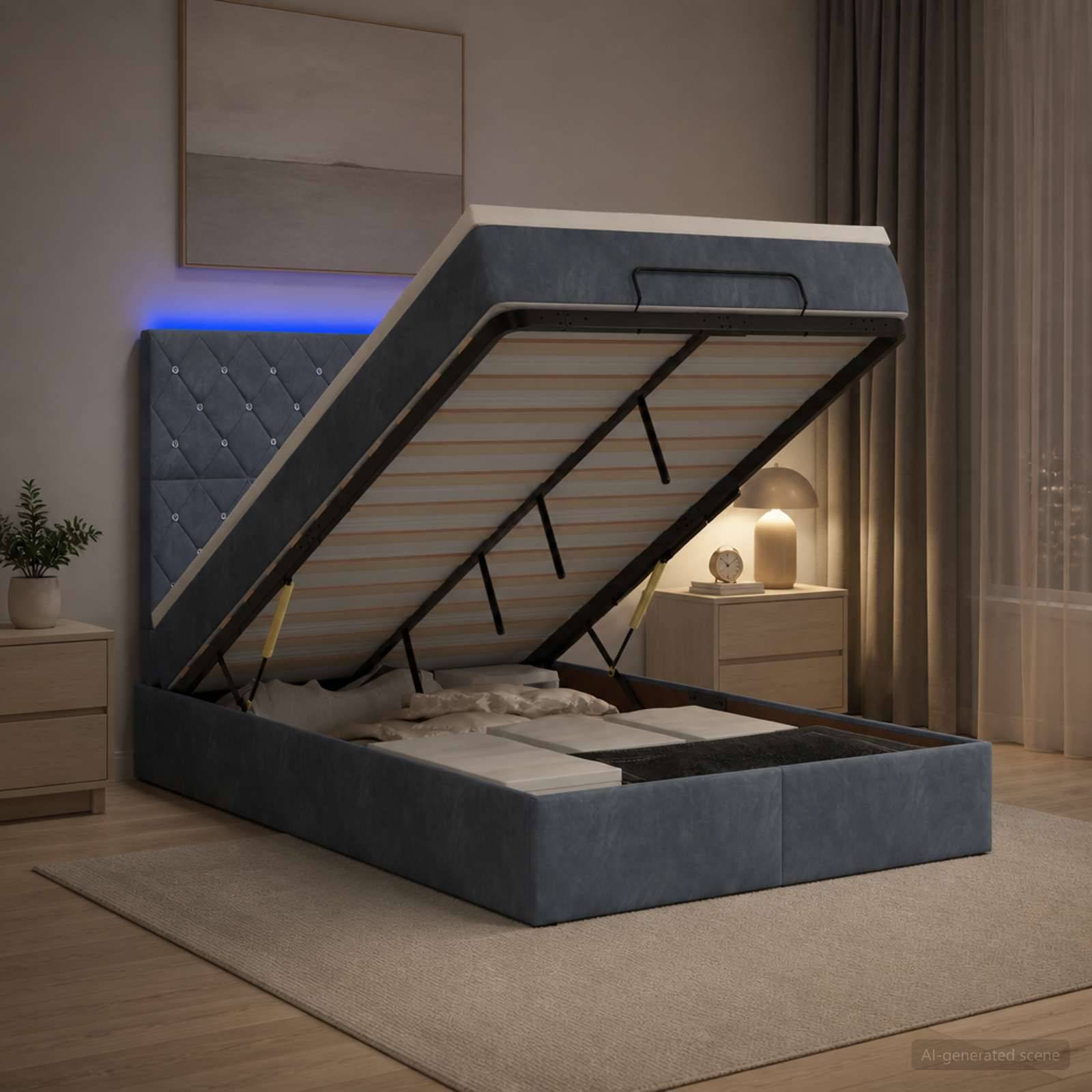 Gepolstertes Bett mit Hubmechanismus und offener Matratzenunterlage mit Stauraum unter dem Bett, gezeigt in einem modernen Schlafzimmer mit Nachttischen und Lampe.