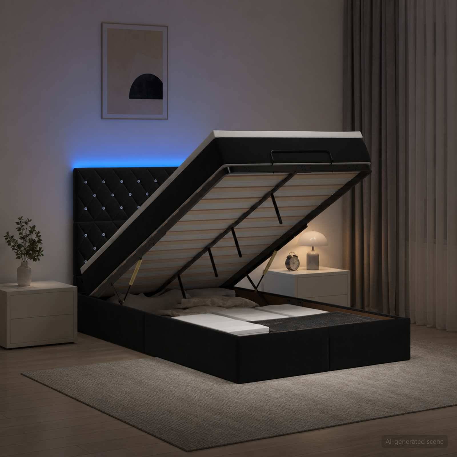 Modernes schwarzes gepolstertes Speicherbett mit hochklappbarer Matratze in einem Schlafzimmer geöffnet, mit Unter-Bett-Lagerung und Nachttischlampen.