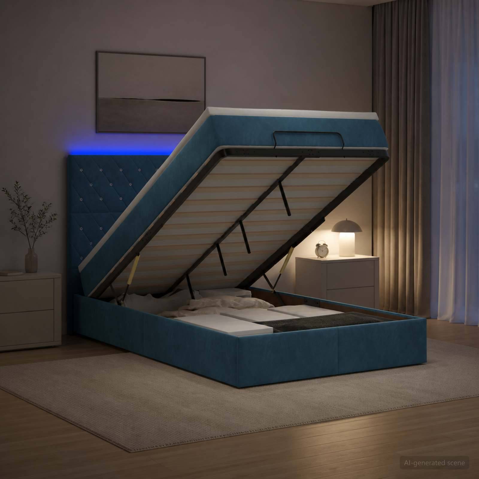 Blaugepolstertes Bett mit Hubmechanismus offen in einem Schlafzimmer, wobei die Matratzenunterlage und Stützleisten sichtbar sind, mit einer leuchtenden Nachttischlampe in der Nähe.