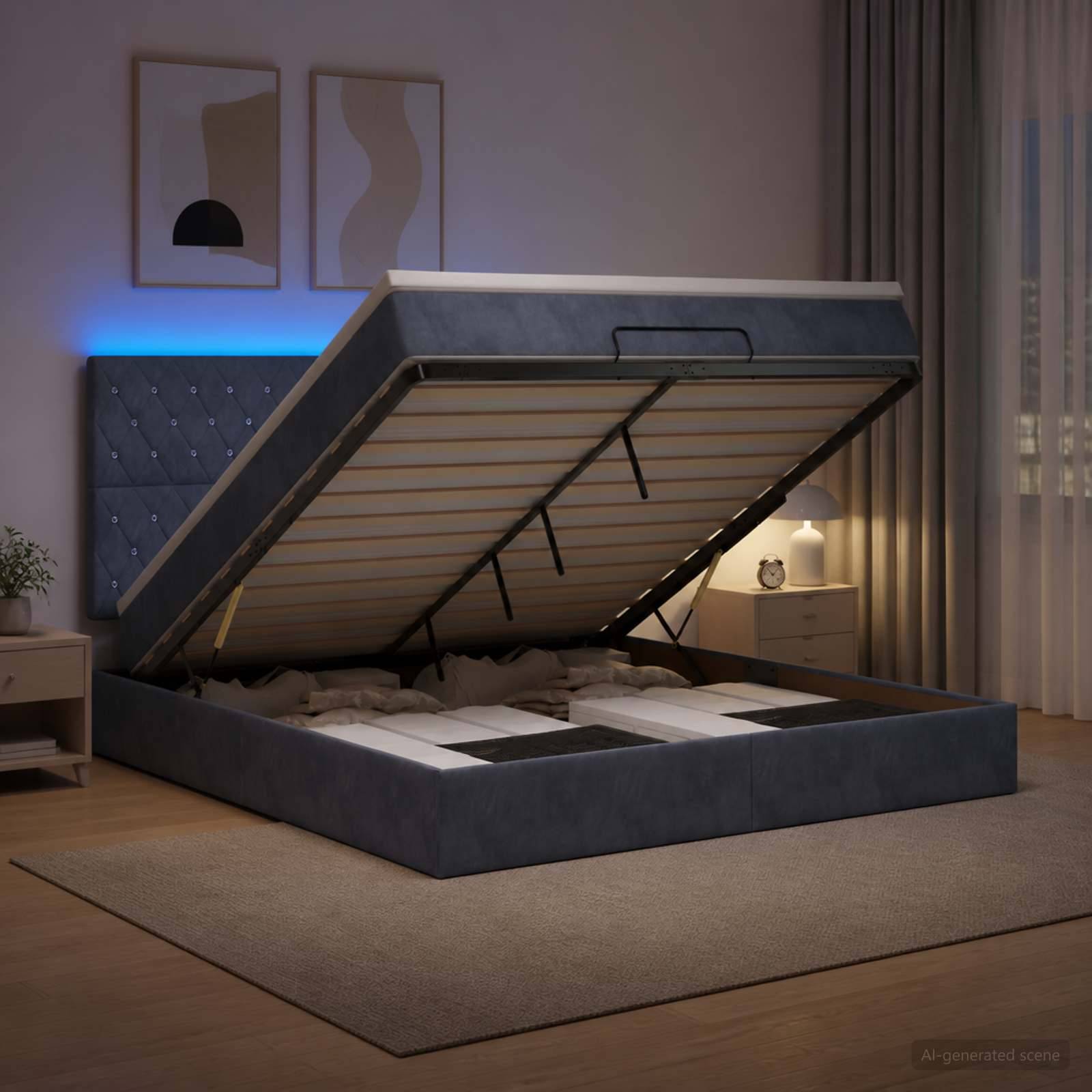 Modernes gepolstertes Plattformbett mit angehobener Matratzenauflage durch Speicherungsscharnier, das darunter liegende Bettlagerung in einem Schlafzimmer zeigt.