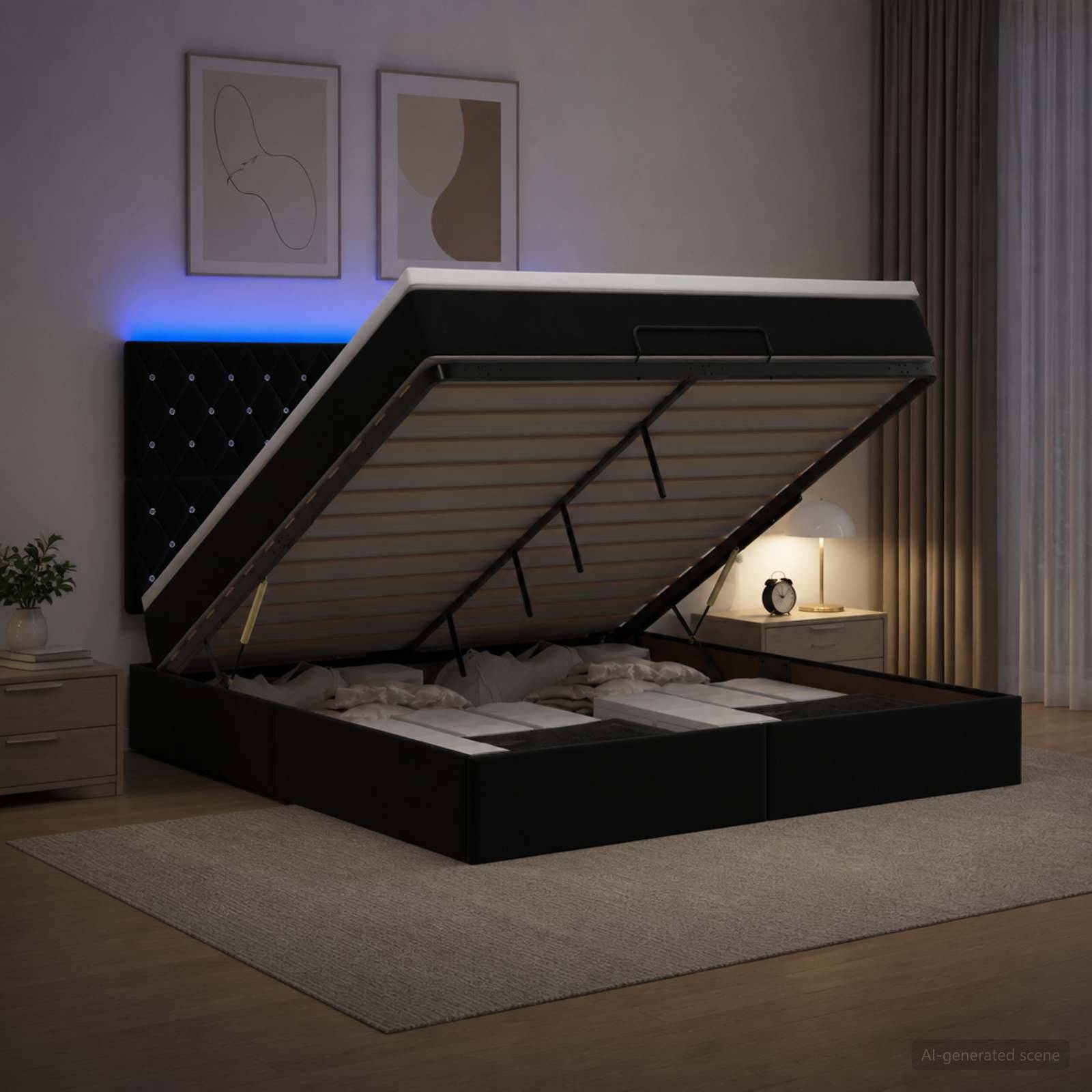 Ein Bett mit erhöhtem Stauraum-Unterbau und gepolstertem Kopfteil ist geöffnet, um die Matratzenunterlage zu zeigen, dargestellt in einem modernen Schlafzimmer bei Nacht.