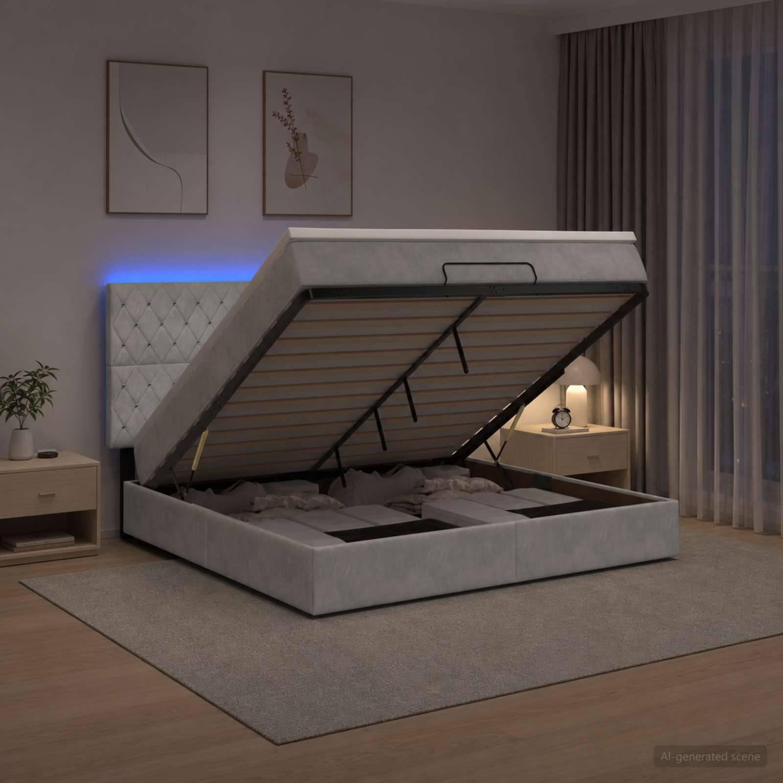 Modernes Schlafzimmer mit einem gepolsterten Stauraumbett, das aufgeklappt ist und die Unterseite sowie den Matratzenbereich zeigt, flankiert von Nachttischen und Lampen.