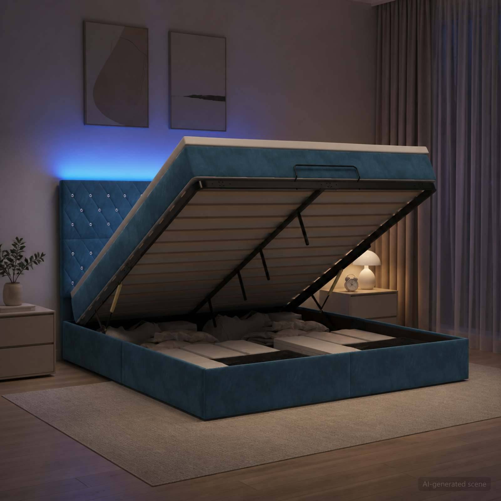 Blaues gepolstertes Bett mit Hydraulikliftsystem offen in einem modernen Schlafzimmer, das die Matratzenauflage und den Stauraum unter dem Bett zeigt.