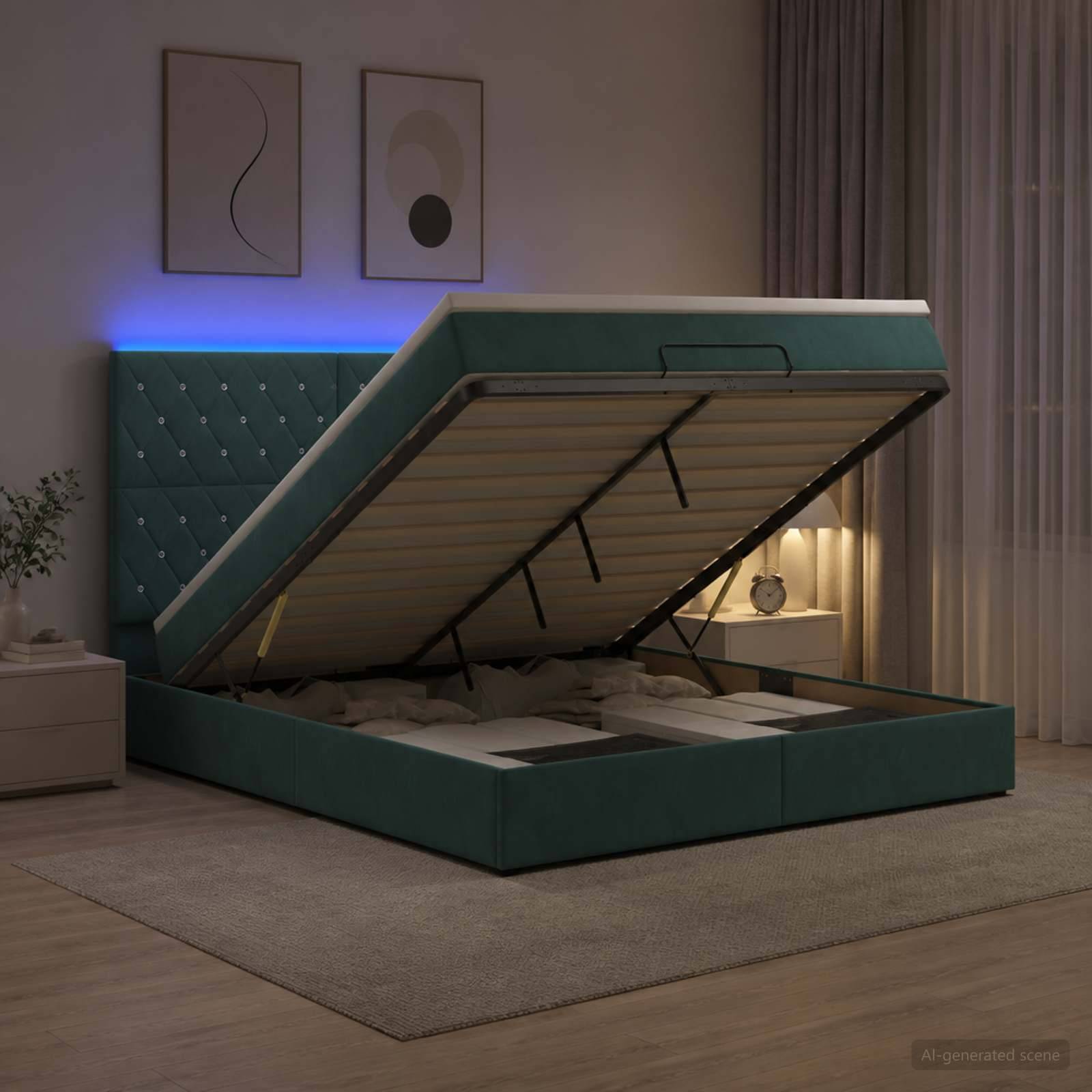 Tealfarbenes gepolstertes Bett mit Hubmechanismus in einem modernen Schlafzimmer, wobei die Matratzenplattform angehoben ist, um den inneren Stauraum freizulegen.
