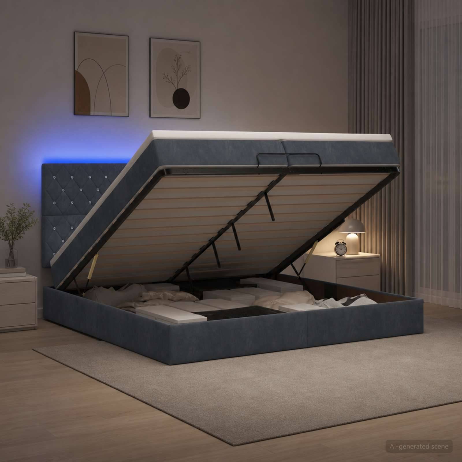 Blaues gepolstertes Bett mit Stauraum, das nach oben geklappt ist und die Matratzenauflage und den Stauraum unter dem Bett in einem modernen Schlafzimmer offenbart.
