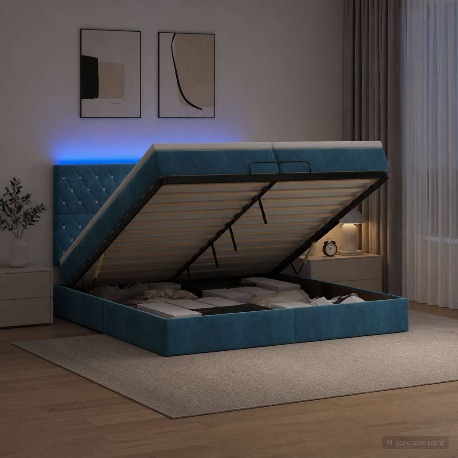Blaues gepolstertes Bettgestell mit aufklappbarer Speicherbasis, offen in einem modernen Schlafzimmer, wobei die Matratzenunterstützung und das Unter-Bett-Fach sichtbar sind.