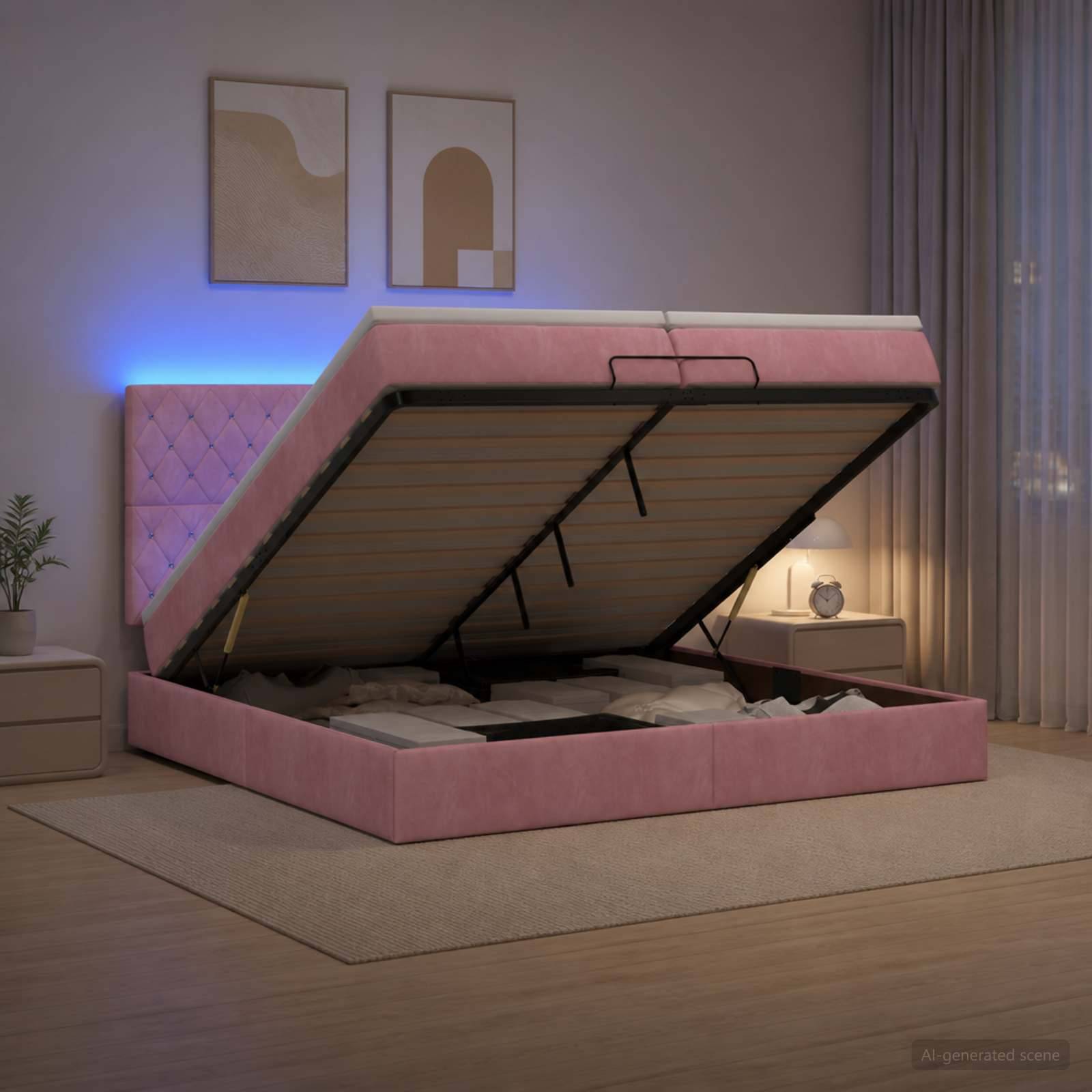 Rosa gepolstertes Bett mit Stauraum, das offen angehoben ist und die Matratzenunterlage in einem modernen Schlafzimmer zeigt.