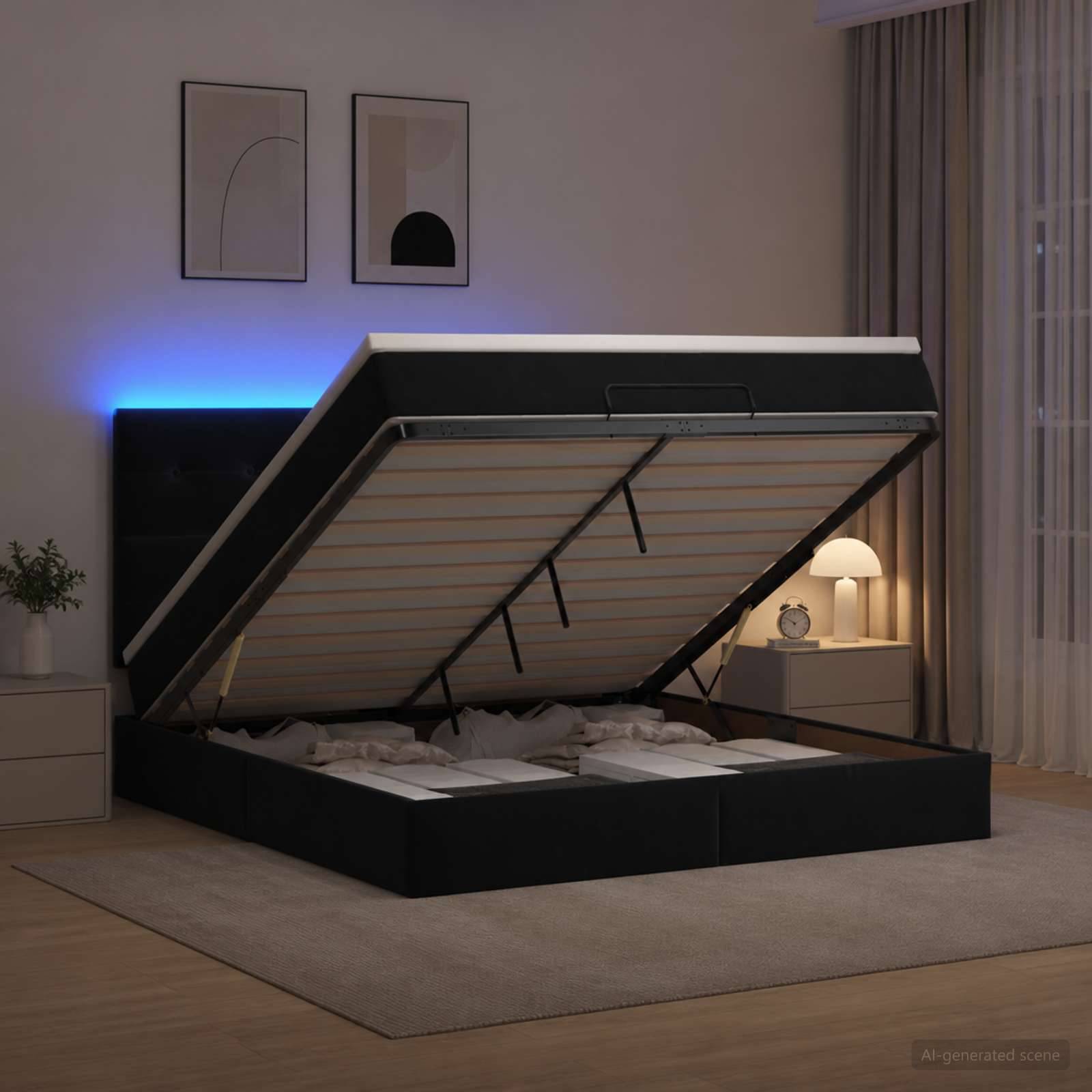 Modernes Schlafzimmer mit einem Speicherbett, das geöffnet ist und die Matratzenunterlage und die darunter liegenden Fächer zeigt, beleuchtet durch eine Nachttischlampe und ein blaues Akzentlicht.
