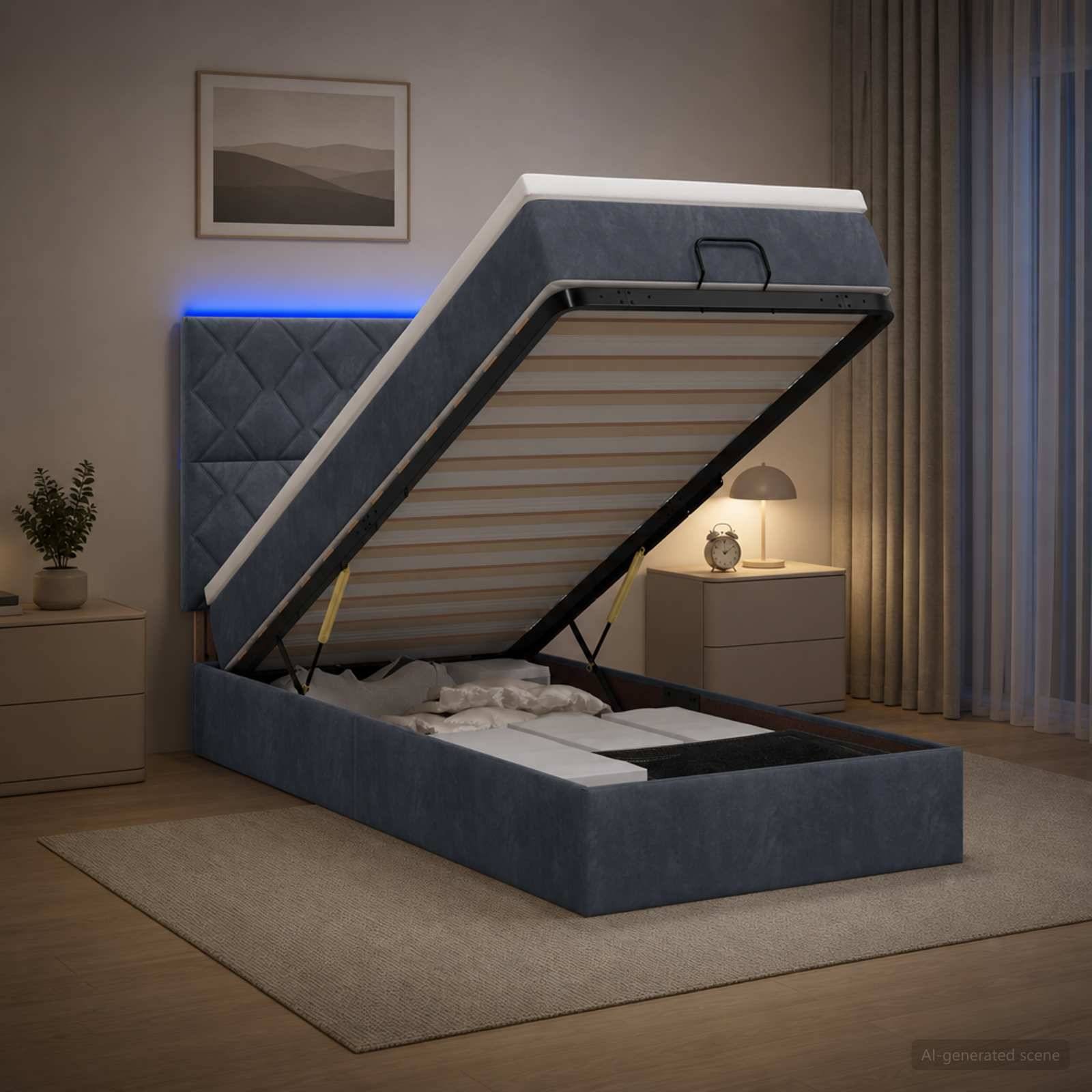 Blau gepolstertes Hebebett mit Matratze auf einem modernen Rahmen in einem Schlafzimmer angehoben, wobei der Stauraum unter dem Bett sichtbar ist.