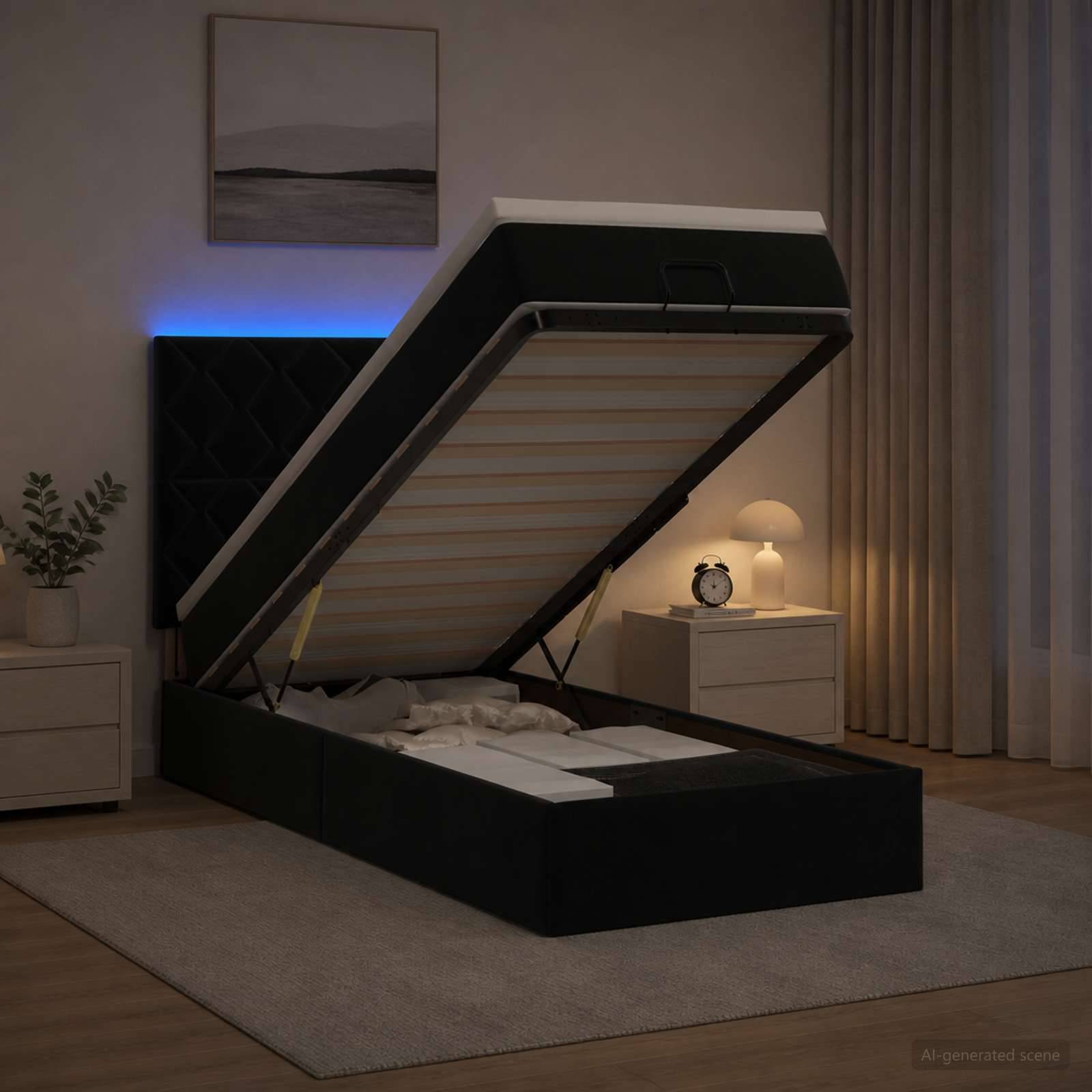 Modernes Schlafzimmer mit einem schwarzen Hydraulikbett mit Stauraum, das angehoben ist, um die Lamellennetzseite zu zeigen, neben einem Nachttisch mit Lampe und Uhr.