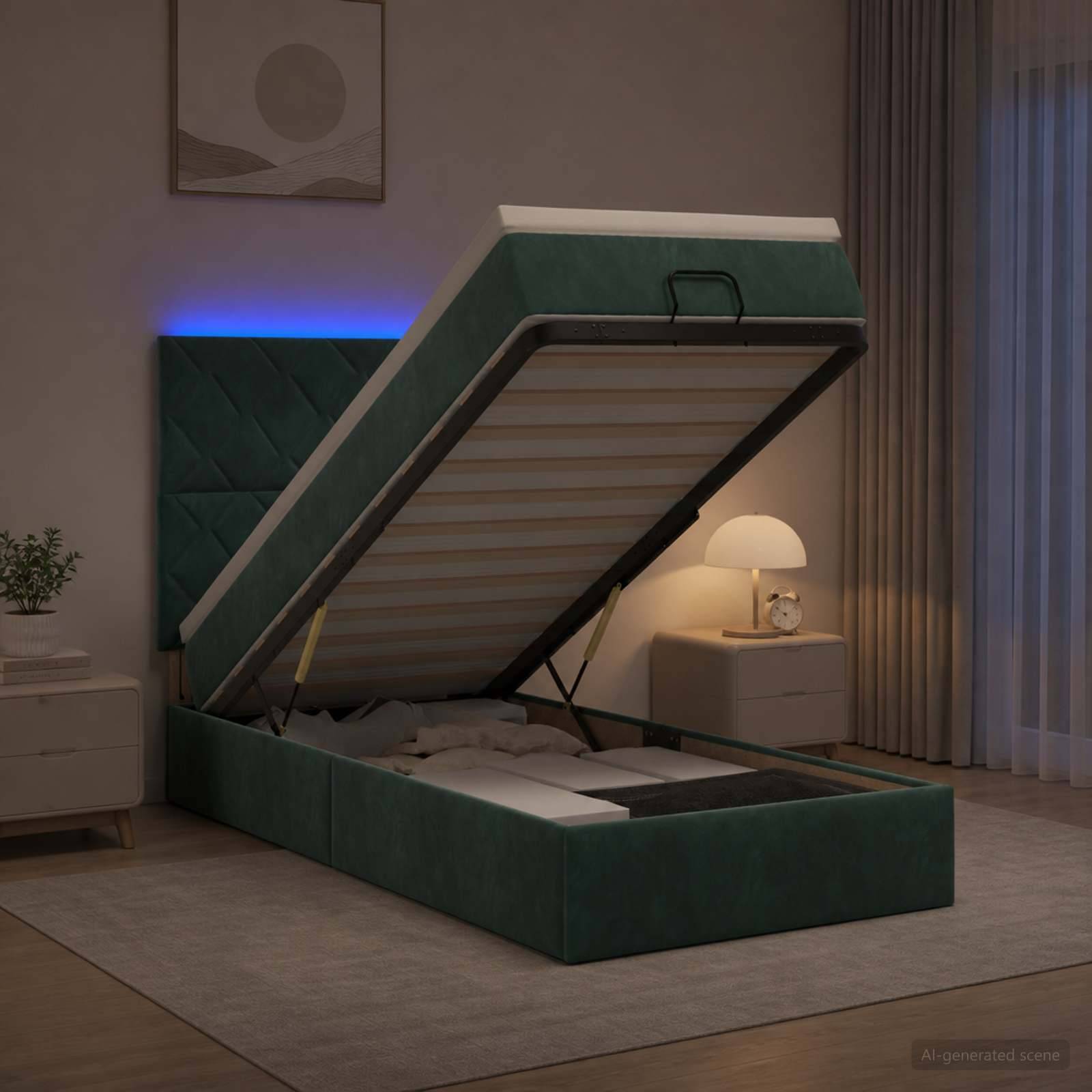 Grünes, mit Polsterstoff bezogenes Speicherbett mit aufgeklappter Matratze, die darunter befindlichen Stauraum in einem modernen Schlafzimmer offenbart.
