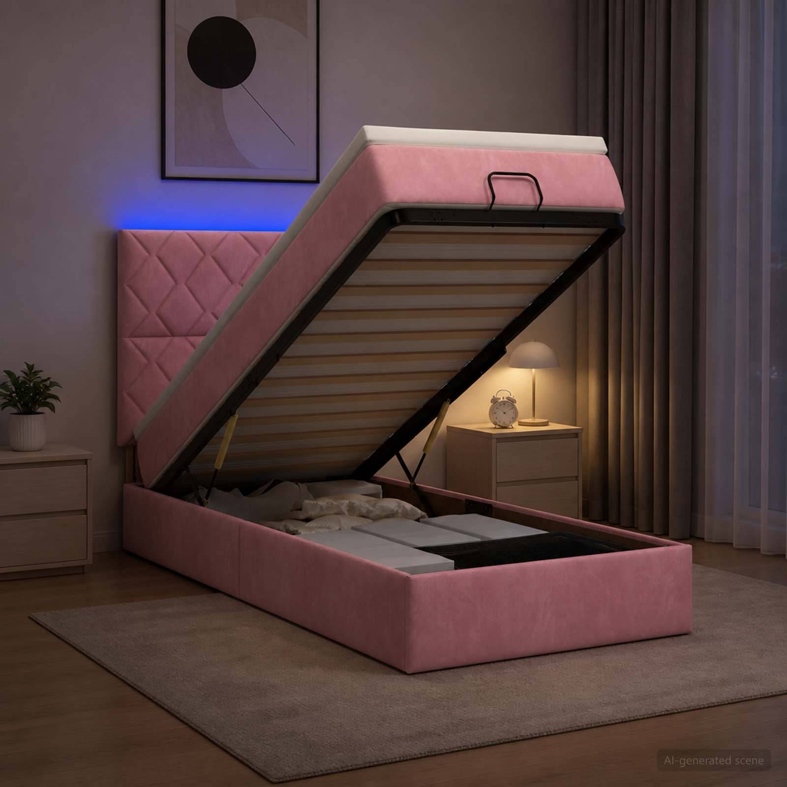 Rosa gepolstertes Speicherbett mit angehobener Matratze, die den Lamelllenrahmen und den Stauraum unter dem Bett in einem modernen Schlafzimmer zeigt.