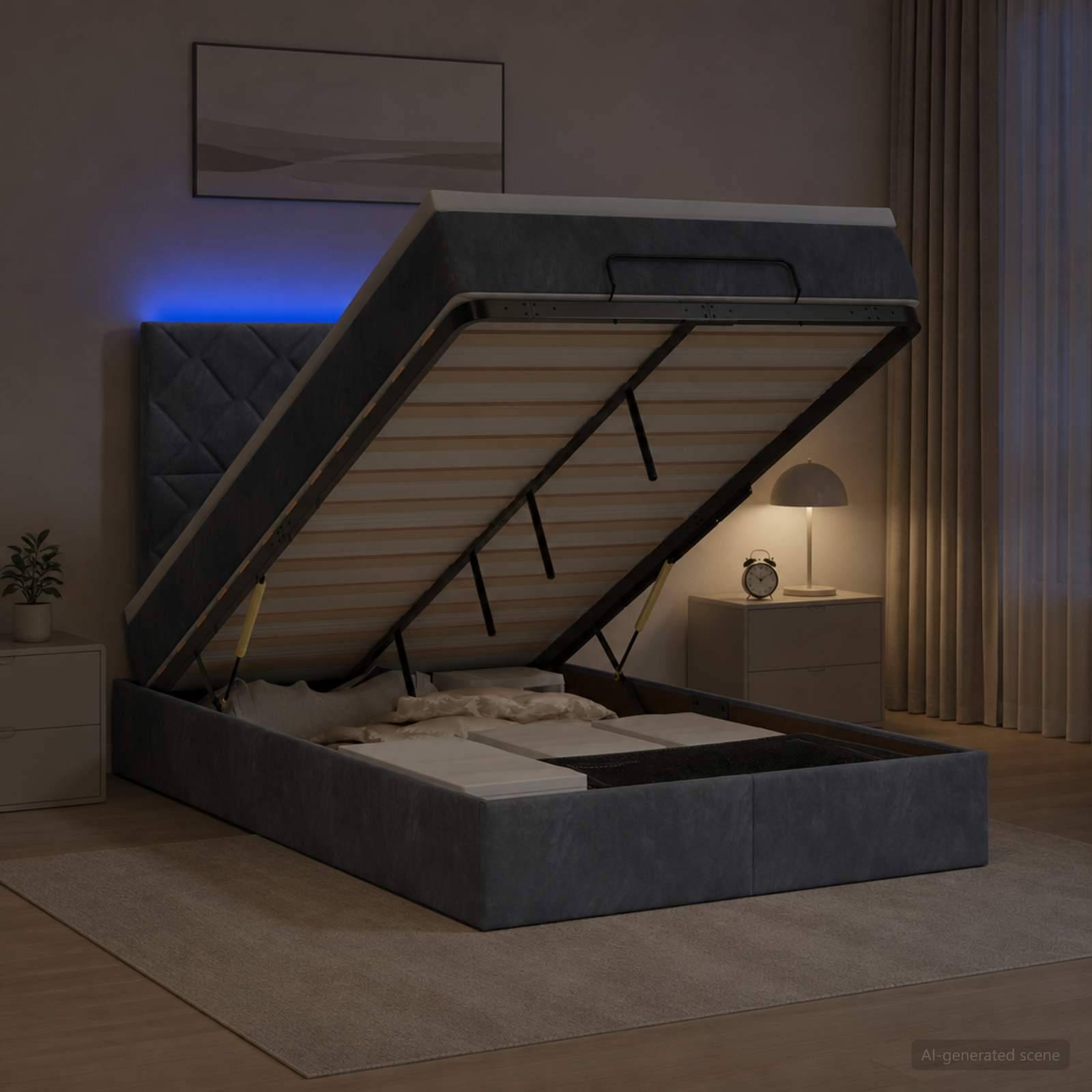 Modernes, gestepptes Bett mit Hubmechanismus offen in einem sanft beleuchteten Schlafzimmer, das die Matratzenunterstützung und den Stauraum unter dem Bett zeigt.
