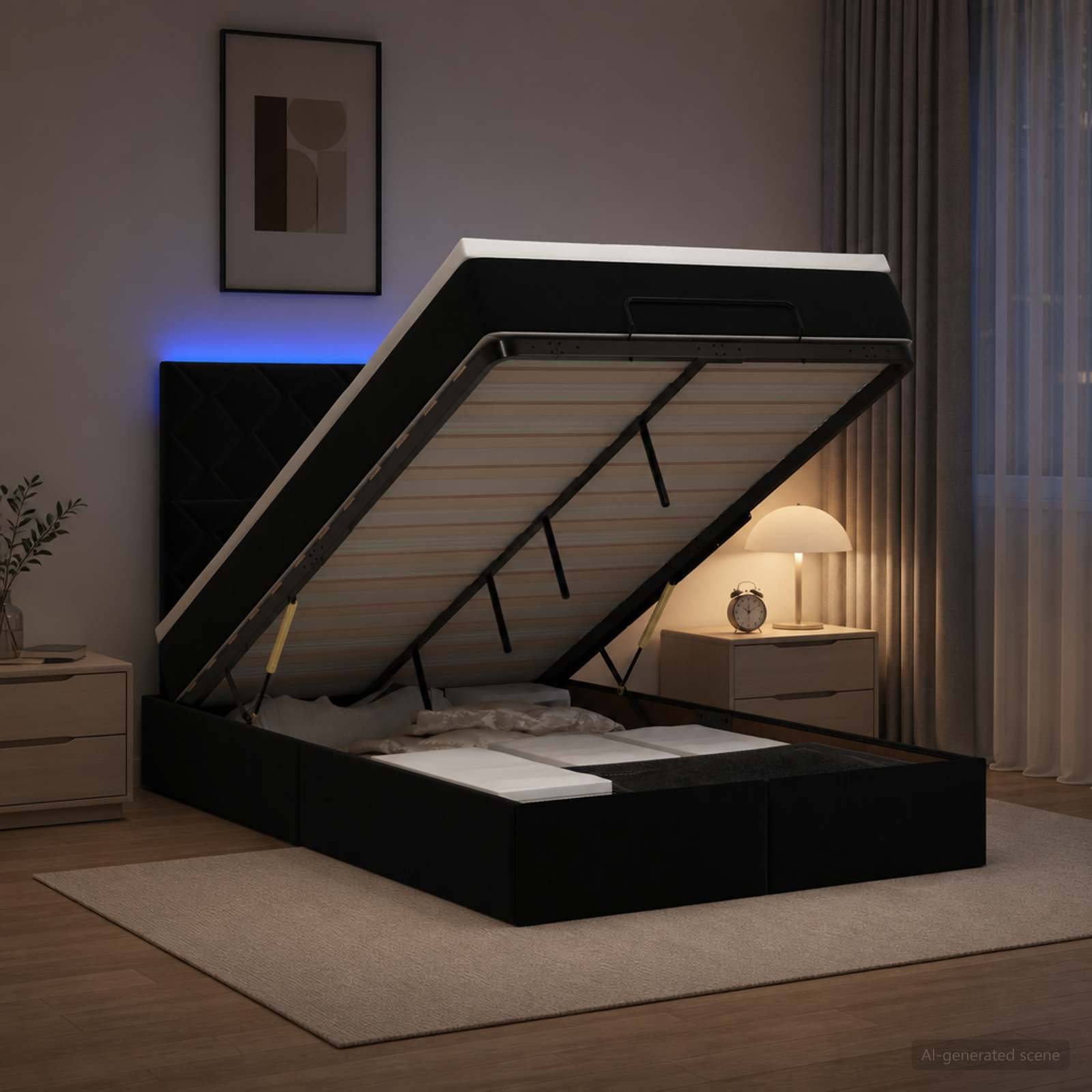 Modernes Schlafzimmer mit einem schwarzen Bettkasten mit Hubtechnik, der offen hochgeklappt ist und die Matratzenunterlage und den Rahmen neben zwei Nachttischen und einer Lampe zeigt.