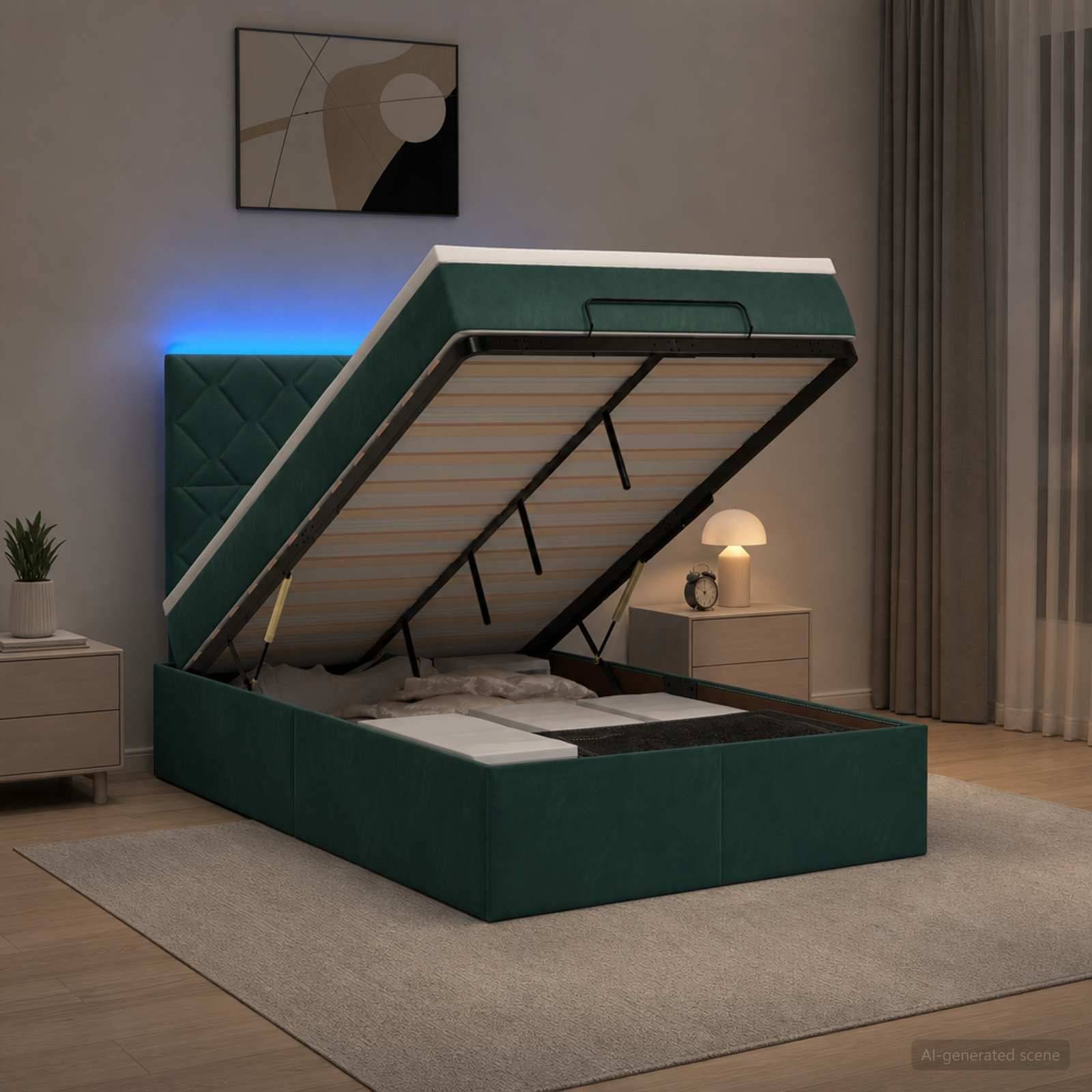 Ein grünes gepolstertes Funktionsbett ist geöffnet dargestellt, mit der angehobenen Matratze, um die Speicherbasis in einem modernen Schlafzimmer freizulegen.