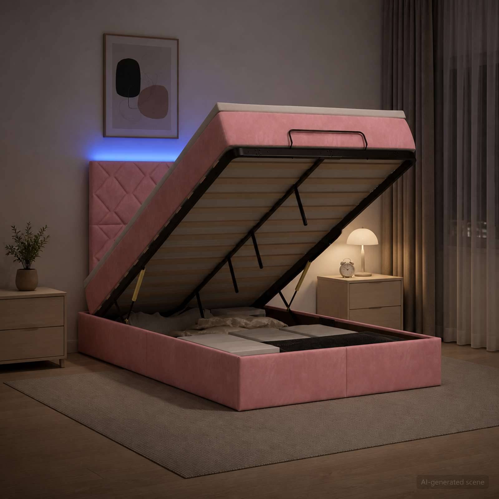 Rosafarbenes gepolstertes Speicherbett in einem modernen Schlafzimmer, gezeigt mit offener, hochklappbarer Matratze, die die Speicherbasis freilegt.