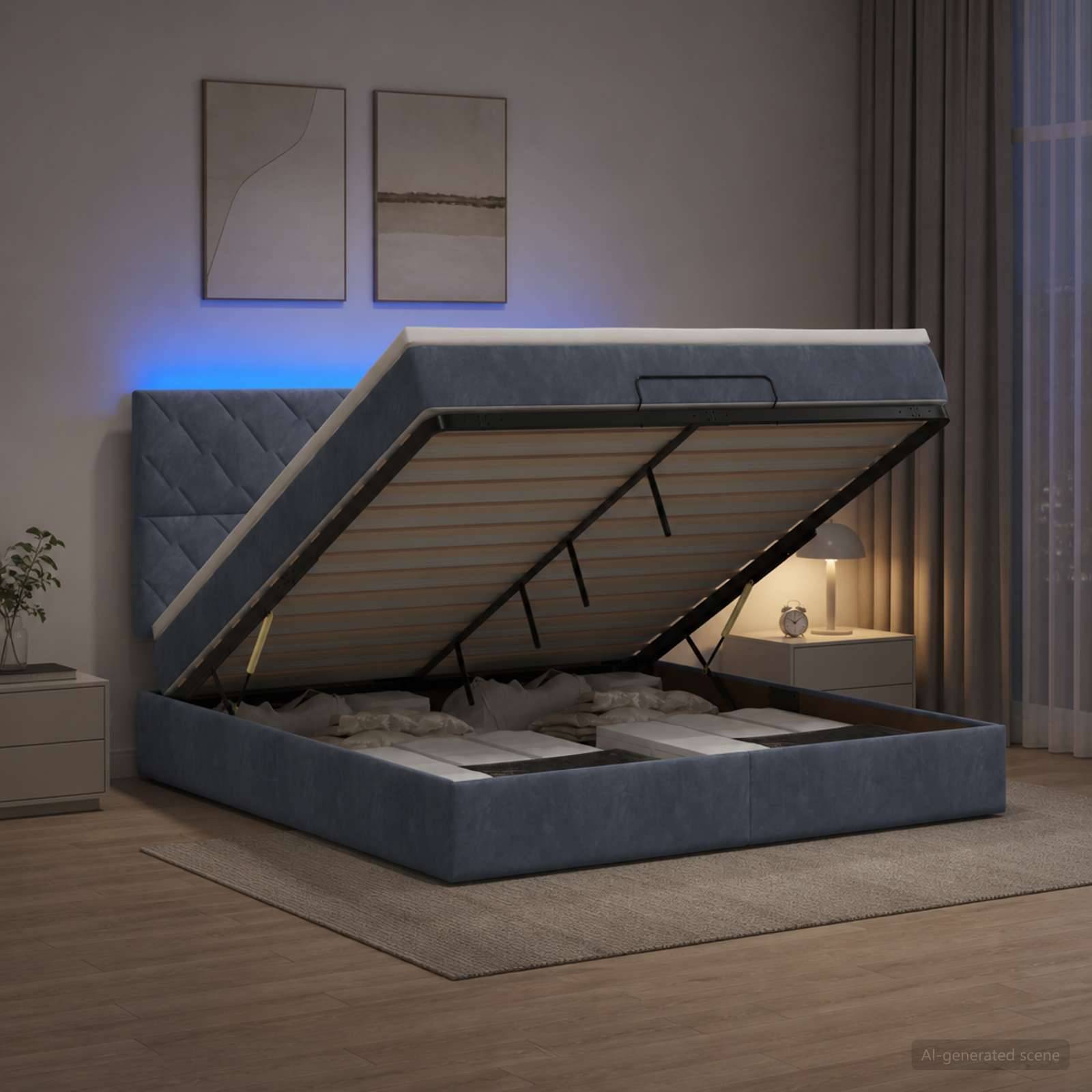 Blaugepolstertes Boxspringbett mit Hubmechanismus geöffnet, um die Matratzenunterlage und den Stauraum in einem modernen Schlafzimmer zu zeigen