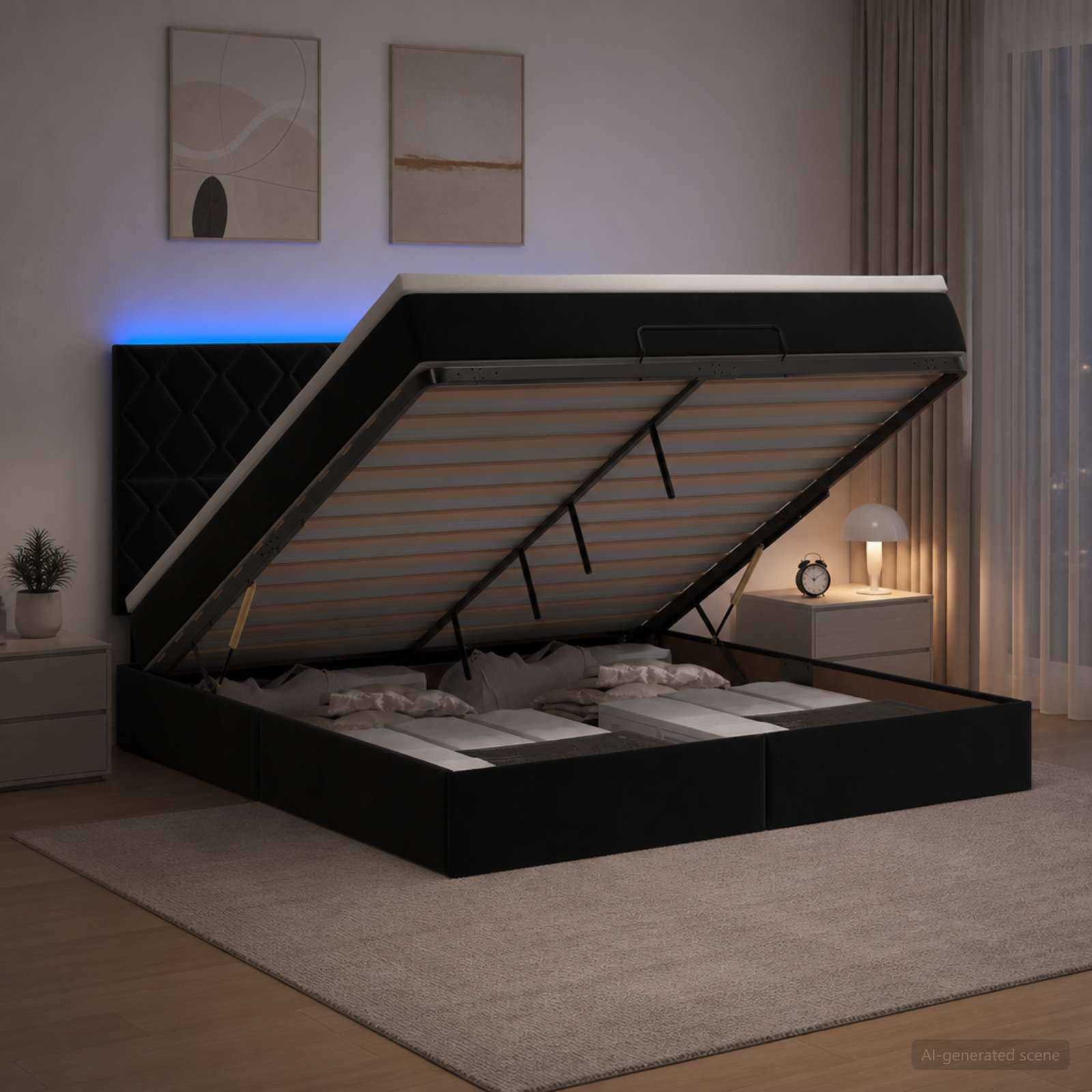 Modernes Schlafzimmer mit einem geöffneten Stauraumbett mit Gasdruckfeder, das die Matratzenunterlage und den Stauraum unter dem Bett zeigt, neben einem Nachttisch und einer Lampe.