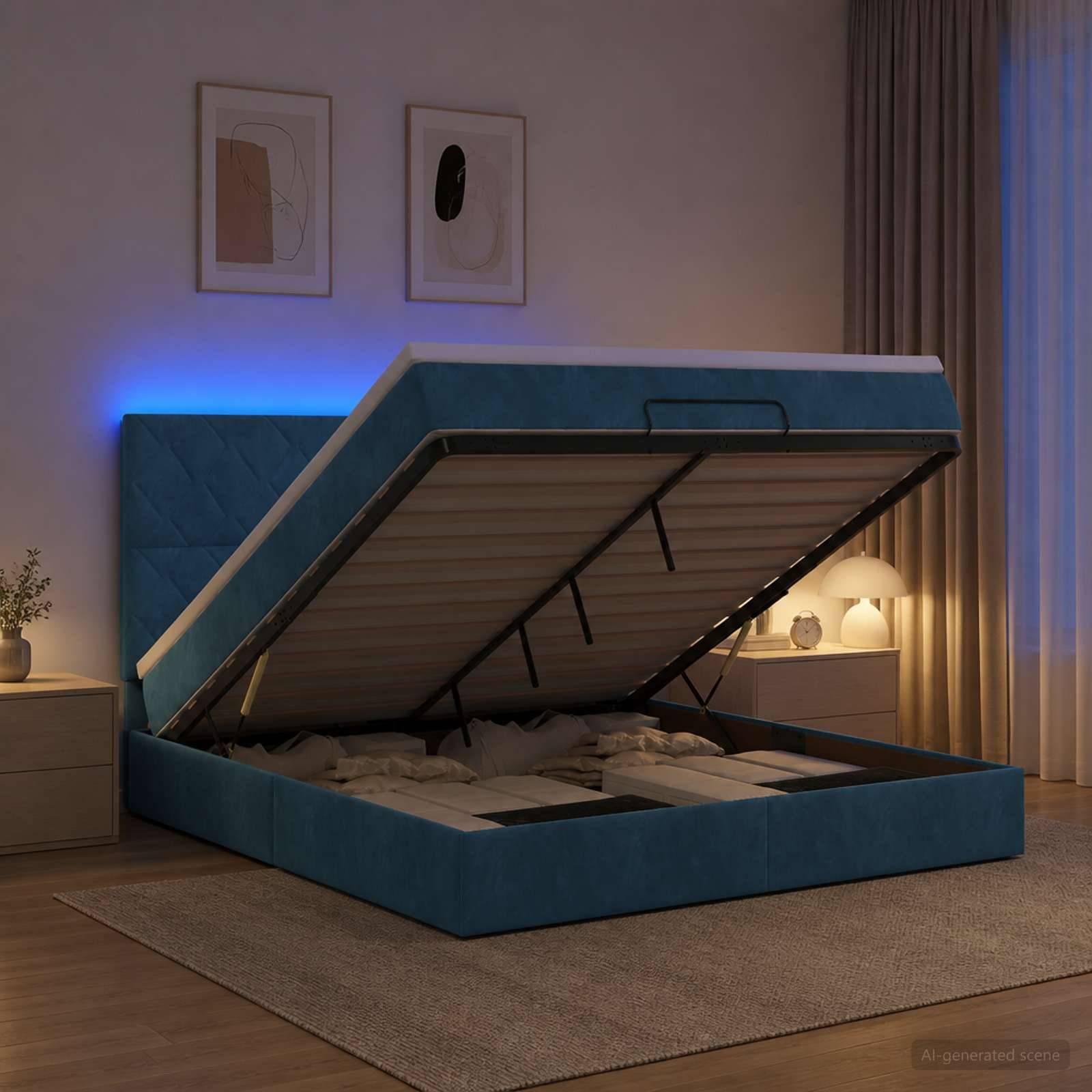 Blau gepolstertes Bett mit Hubfunktion und Stauraum offen in einem modernen Schlafzimmer, das die Matratzenunterlage und den inneren Stauraum zeigt.