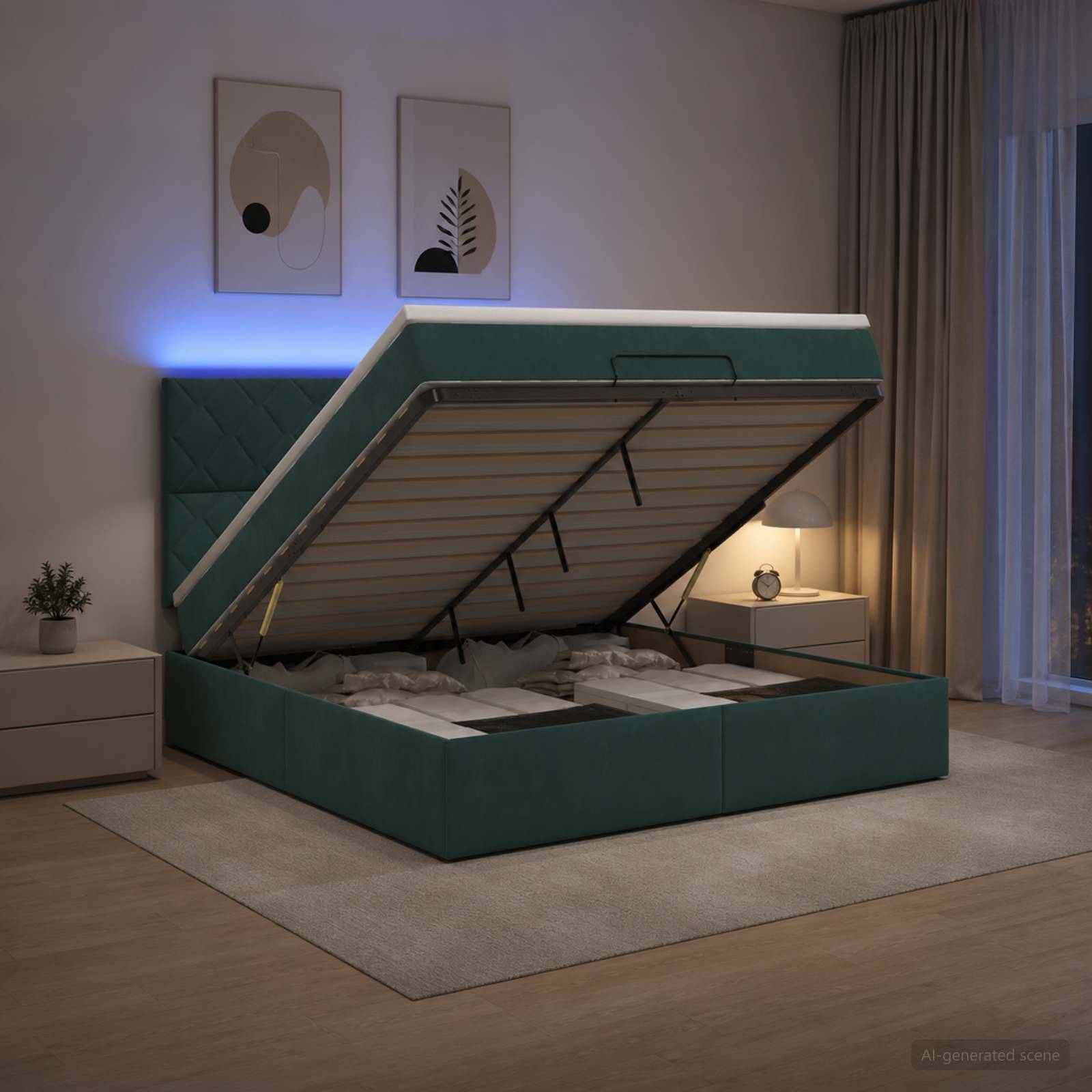 Modernes Bett mit Teakpolsterung und Speicher-Hubbettrahmen geöffnet, mit Lattenrost in einem sanft beleuchteten Schlafzimmer mit Nachttischen und Wandkunst.