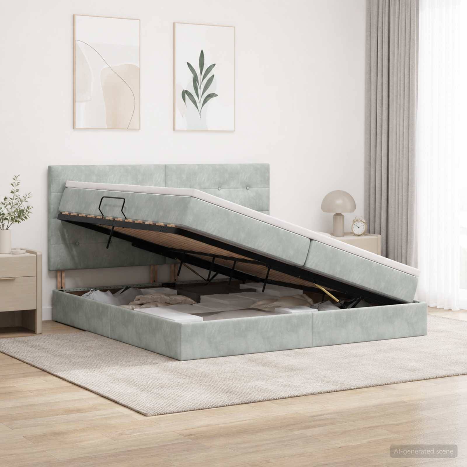 Gepolstertes Bettgestell mit Speicherbasis, das durch eine klappbare Plattform angehoben wird und das Unter-Bett-Fach in einem hellen Schlafzimmer zeigt.