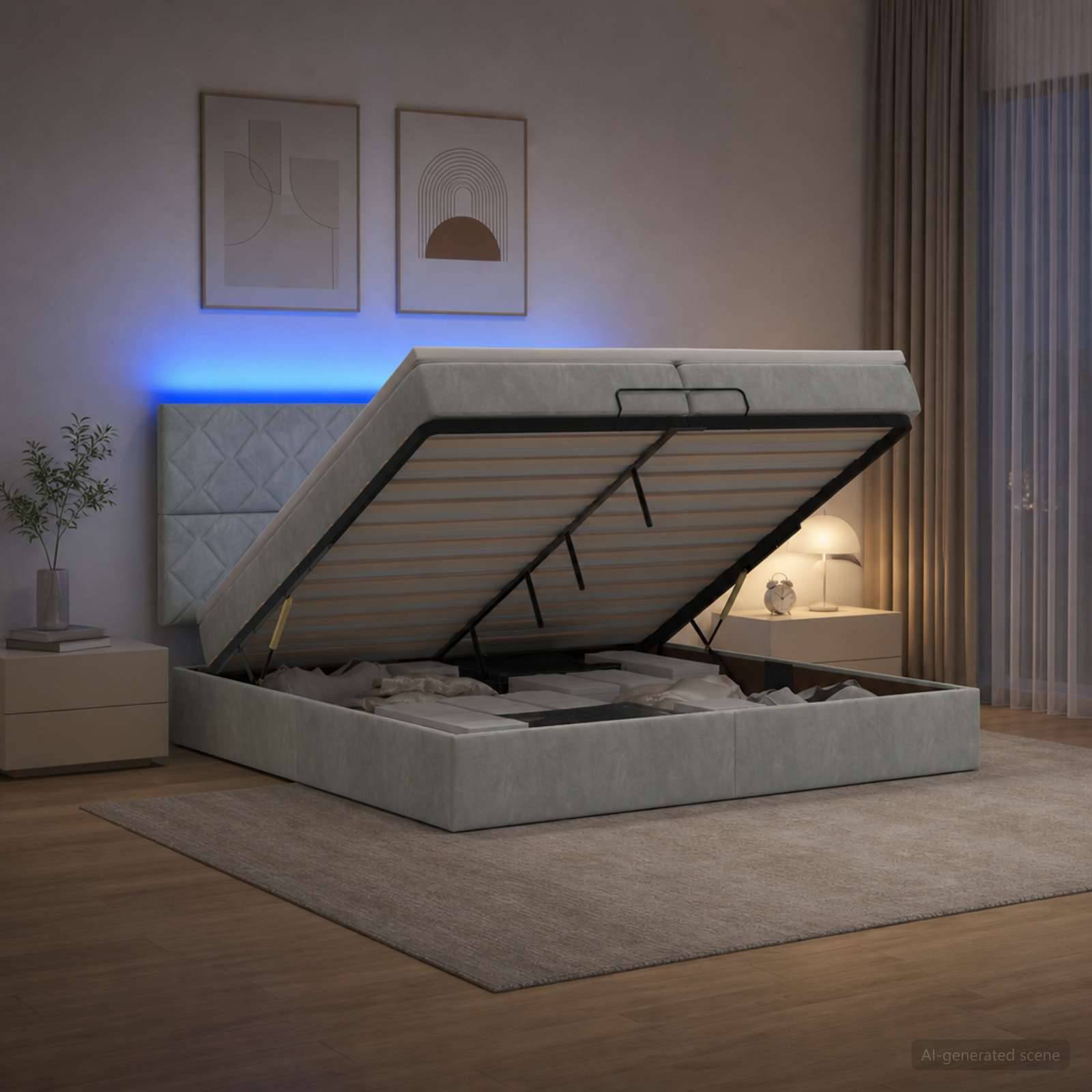 Modernes gepolstertes Speicherbett mit hochklappbarer Matratzenunterlage offen, zeigt den Stauraum unter dem Bett in einem sanft beleuchteten Schlafzimmer.