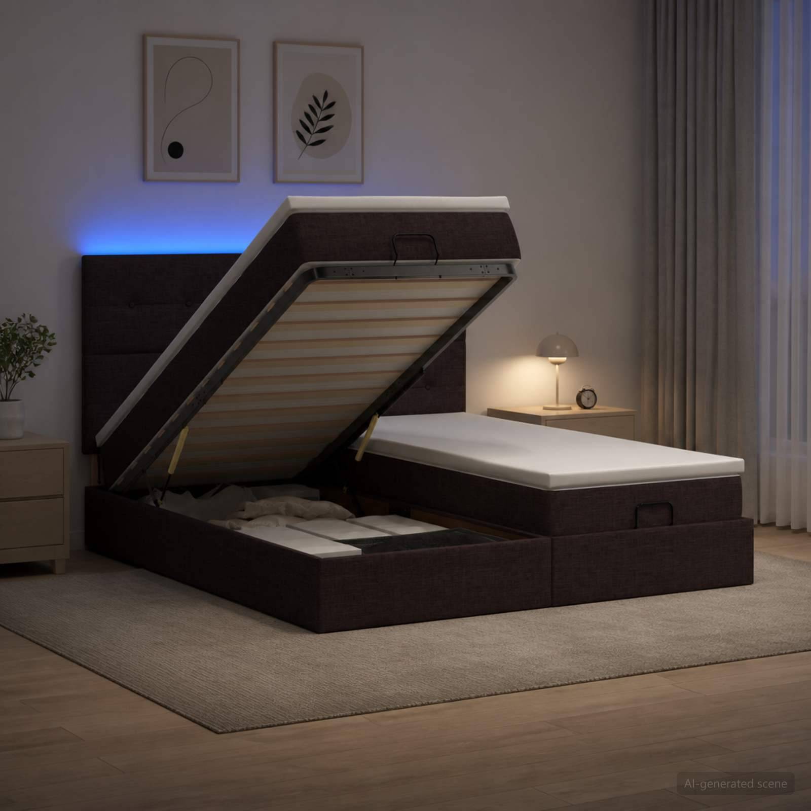 Aufbettrahmen mit offener Stauraum und einer gepolsterten Plattform angehoben, die das Stauerfach in einem modernen Schlafzimmer zeigt.