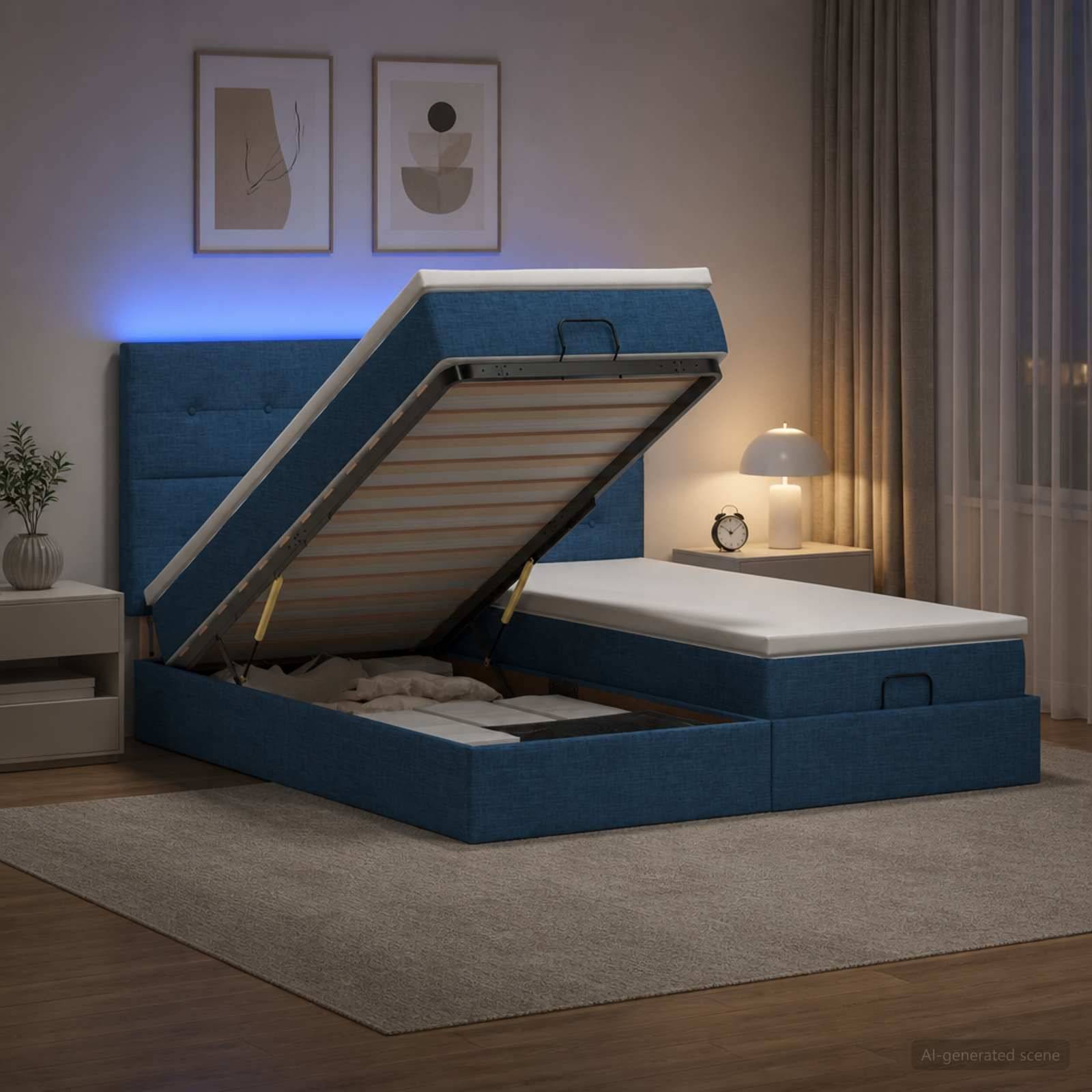 Blaues gepolstertes Boxspringbett mit Hubmechanismus in einem modernen Schlafzimmer, mit der angehobenen Matratzenunterlage, die Unter-Bett-Schubladen offenbart.