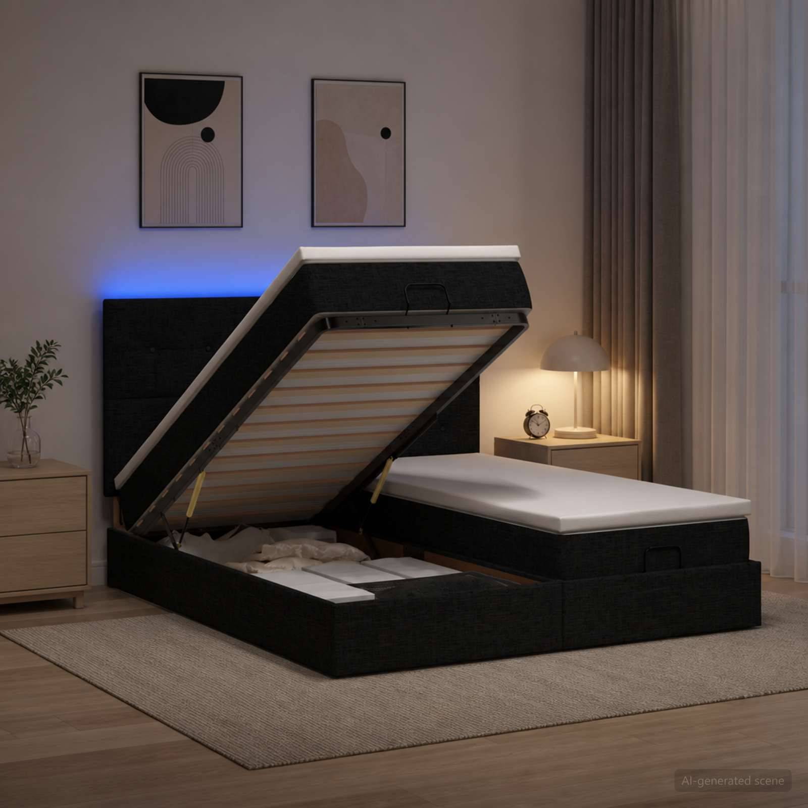Modernes gepolstertes Speicherbett in einem Schlafzimmer, mit angehobener Matratze, um die darunter liegenden Speicherfächer und die Latten-Basis zu zeigen.