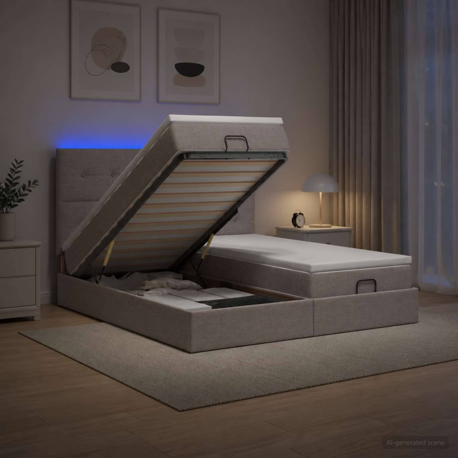Gepolstertes Speicherbett mit Matratze, die auf einer Scharnierunterlage angehoben wird und unter dem Bett versteckte Aufbewahrung in einem modernen Schlafzimmer offenbart.