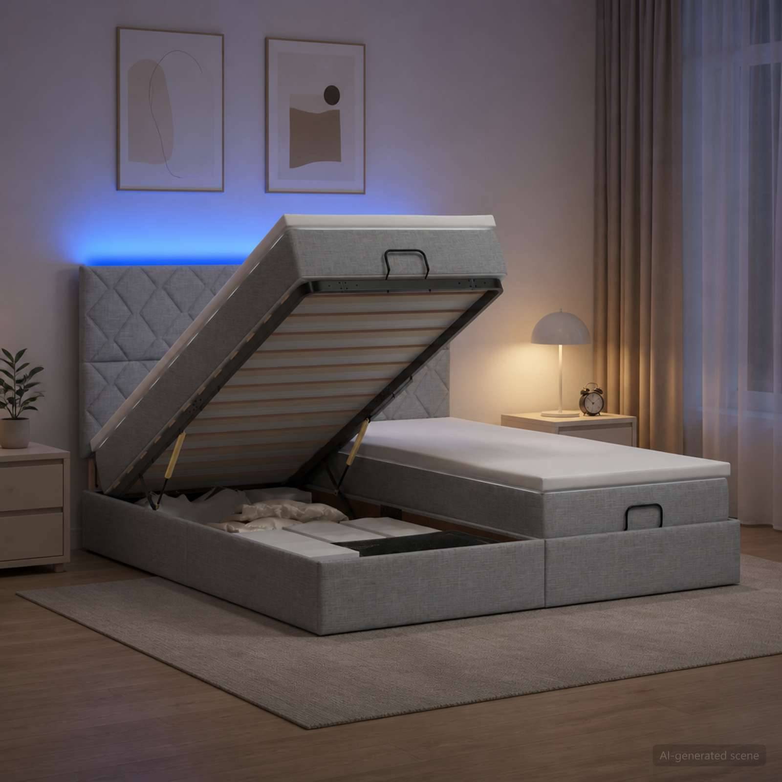 Modernes Polsterbett mit Stauraumbasis und erhöhter Matratzenplattform, gezeigt in einem Schlafzimmer mit Nachttischlampe und gerahmtem Wandkunstwerk.