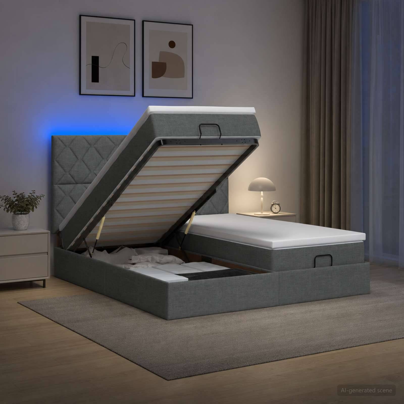 Modernes gepolstertes Bettgestell mit Hubmechanismus in einem minimalistischen Schlafzimmer, wobei die Matratze angehoben wird, um den Stauraum unter dem Bett freizulegen.
