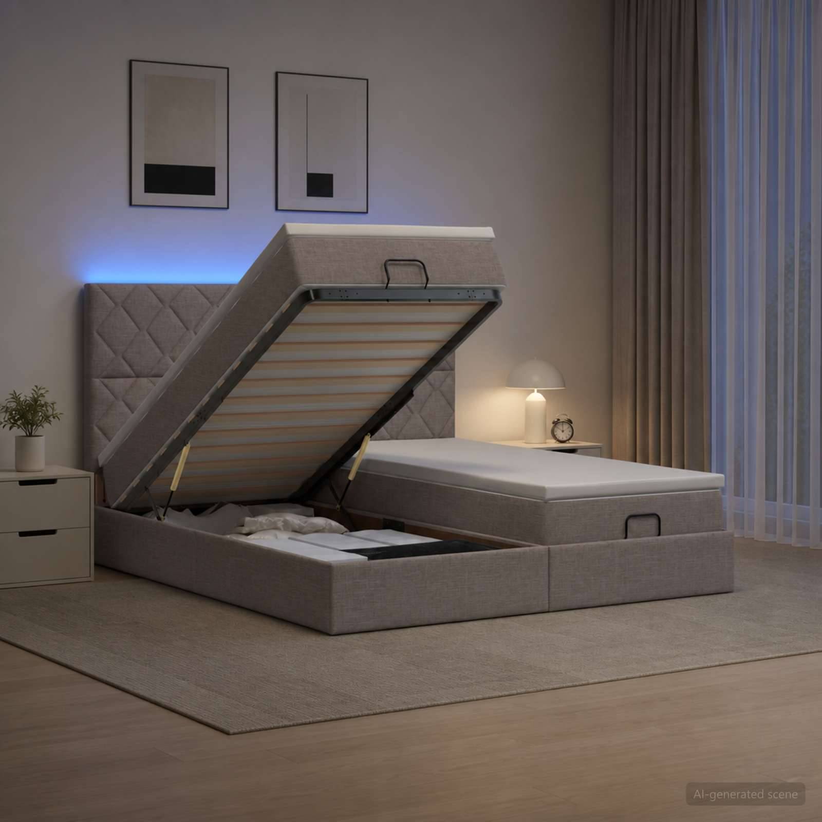 Schlafzimmer mit einem offenen, gepolsterten Bett mit Hubmechanismus, das die Lamellenbasis und das Stauerfach zeigt, neben einem Nachttisch und einer Lampe.