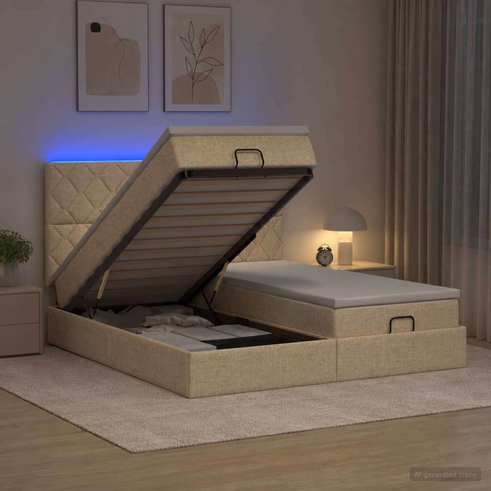 Gepolstertes Bett mit Schubladen und aufklappbarem Lattenrost, offen, zeigt Stauraum unter dem Bett in einem modernen Schlafzimmer.