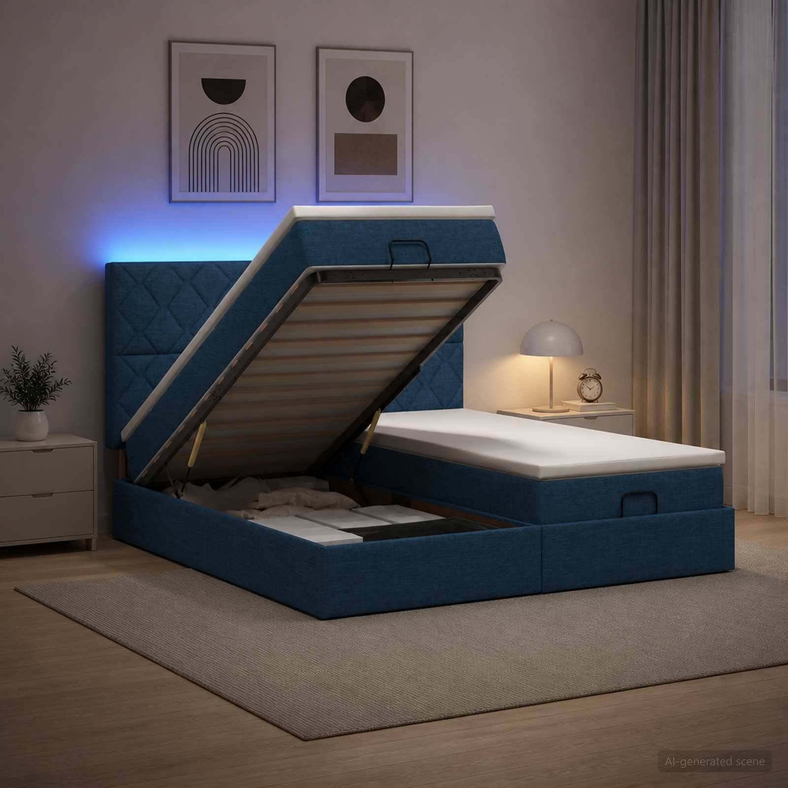 Blaues gepolstertes Speicherbett mit hochgeklappter Matratze, die den Stauraum unter dem Bett in einem sanft beleuchteten Schlafzimmer mit Nachttisch und Lampe offenbart.
