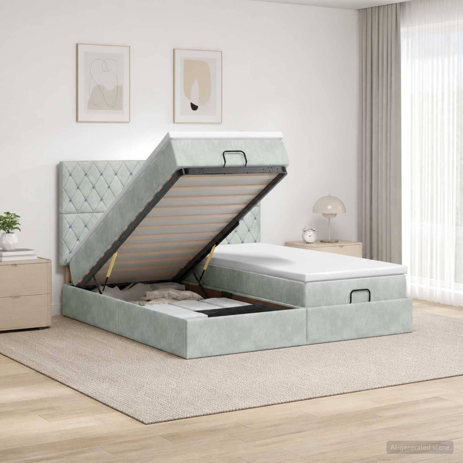 Schlafzimmer mit einem mintgrün gepolsterten Stauraumbett, das geöffnet ist und die hochklappbare Matratzenunterlage und das Stauraummfach unter dem Bett zeigt.