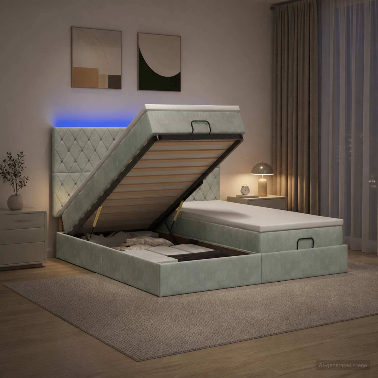 Modernes Schlafzimmer mit einem hellgrünen gepolsterten Ottomanbett mit aufgeklapptem Deckel, das Unter-Bett-Lagerungsfächer und eine Matratzenunterstützungsbasis zeigt.