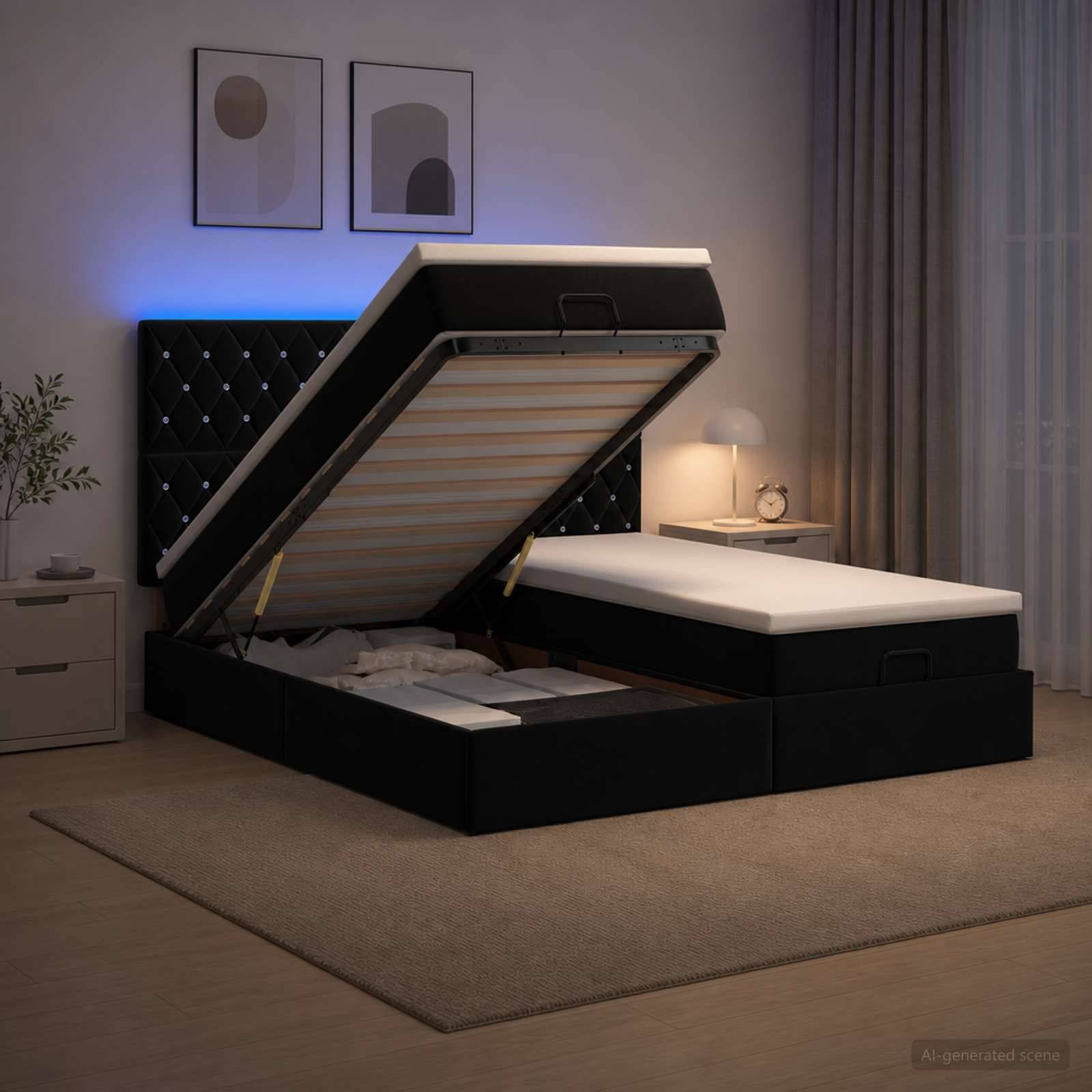Modernes Schlafzimmer mit einem gepolsterten Bettkasten mit Gasfedern, offen zur Anzeige der Stauraum-Fächer unter dem Bett, neben einer passenden Ottomane und einem Nachttisch