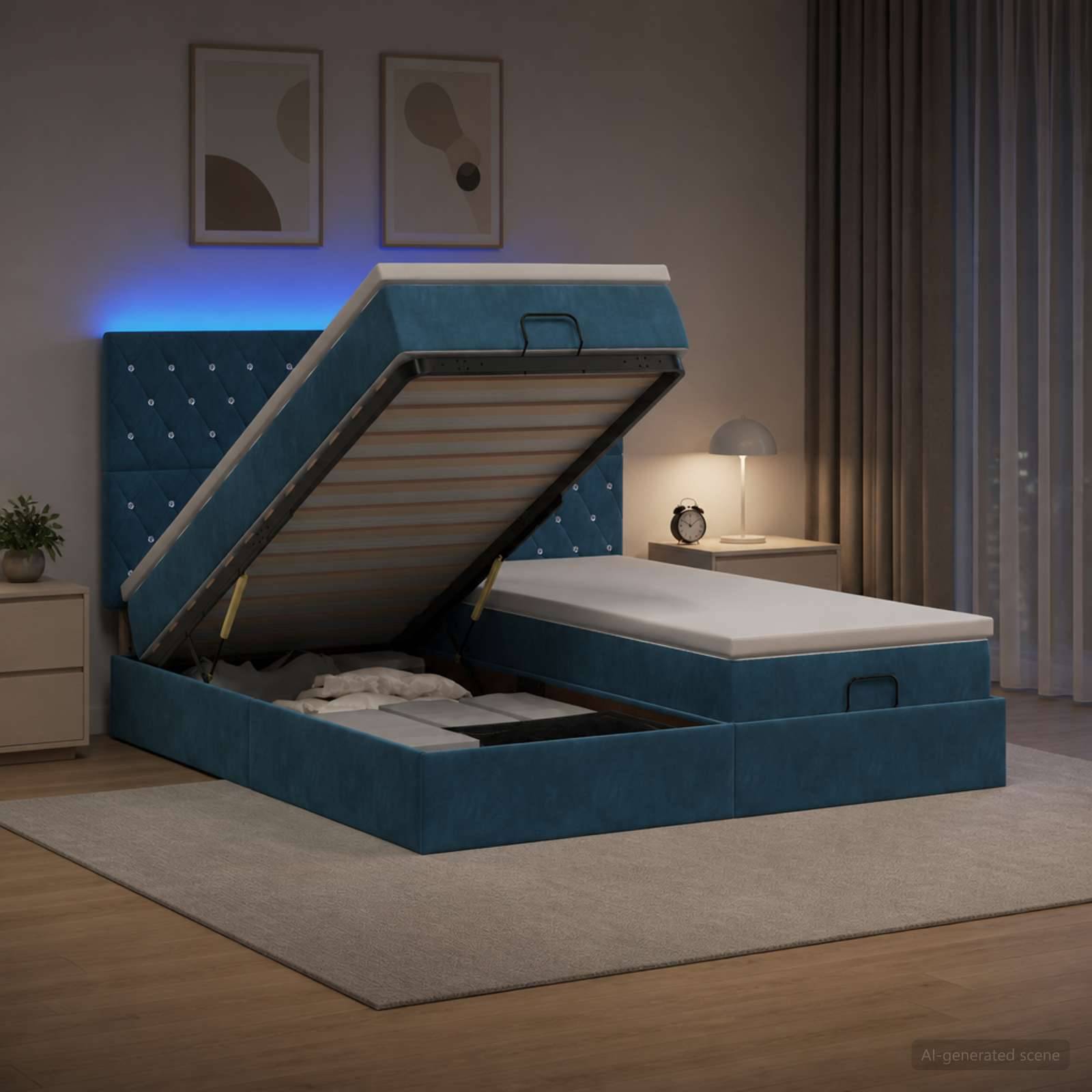 Blaugepolstertes Bett mit Hubmechanismus, das offensteht und die Matratzenplattform sowie den Stauraum unter dem Bett in einem modernen Schlafzimmer zeigt.