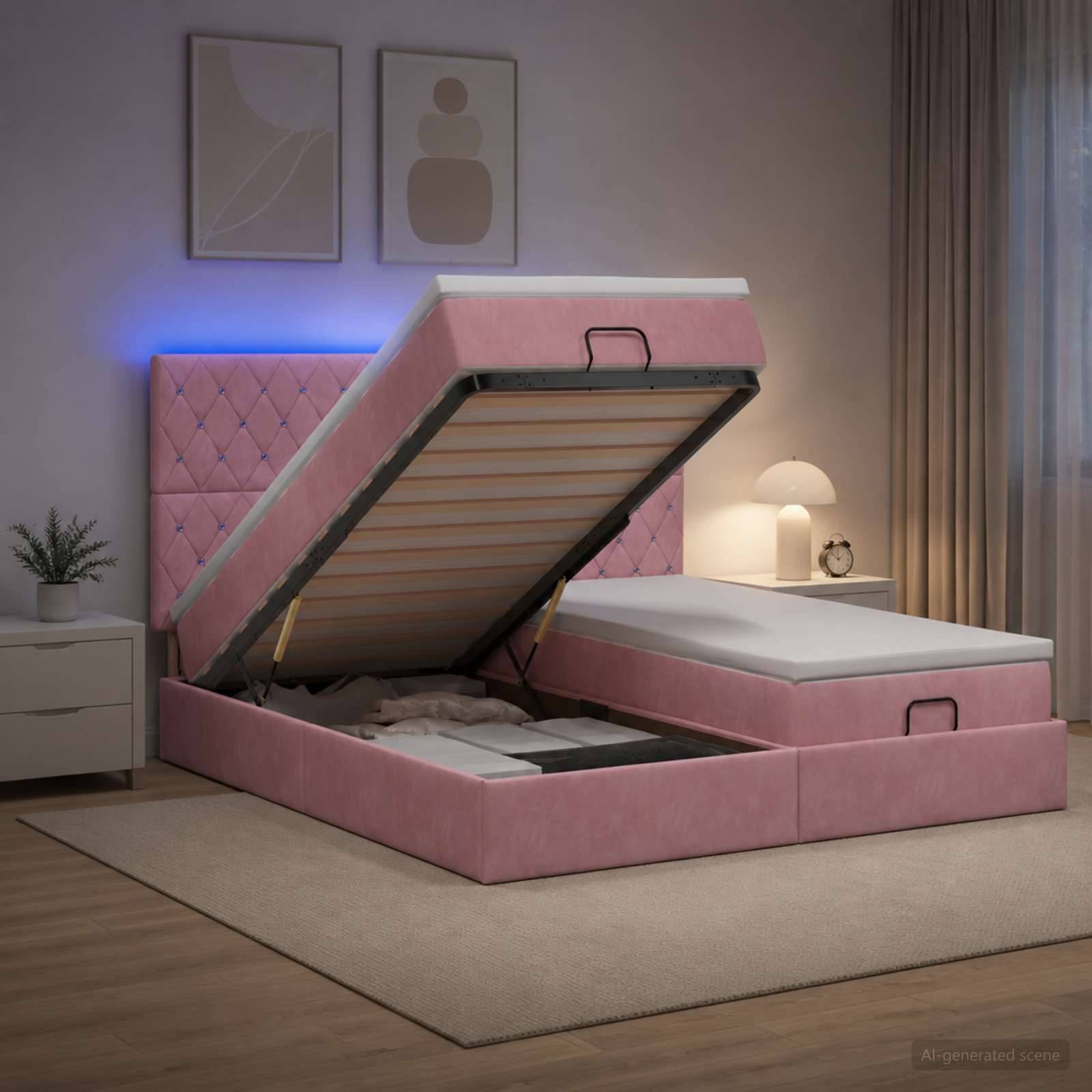 Rosa gepolstertes Bett mit Stauraum in modernem Schlafzimmer, wobei die Matratze angehoben ist, um den Stauraum unter dem Bett zu zeigen.