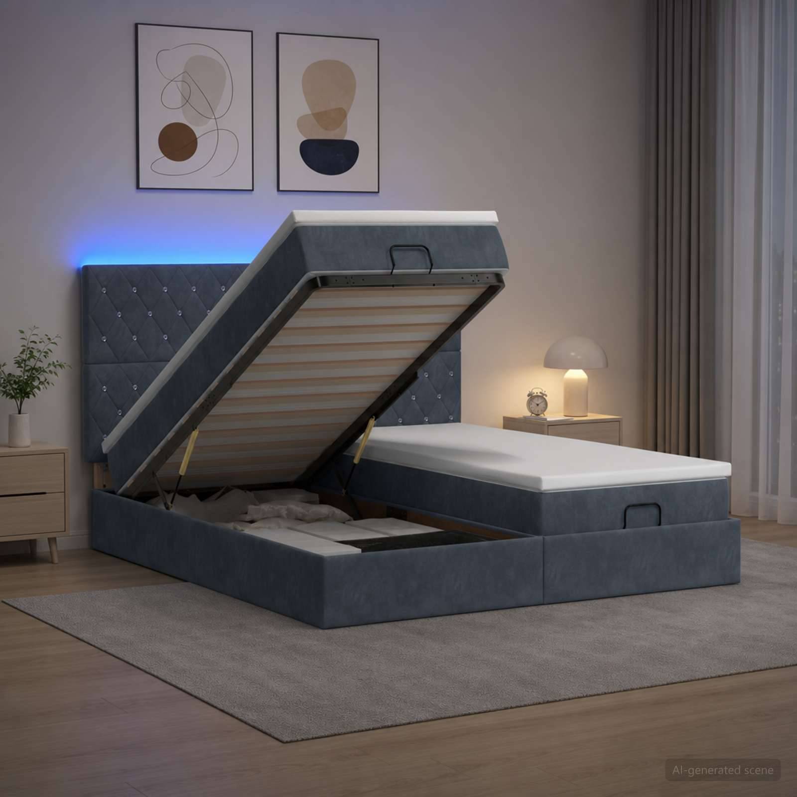 Blauer gepolsterter Speicherbett mit angehobener Hauptmatratze, um den Stauraum unter dem Bett zu zeigen, in einem modernen Schlafzimmer dargestellt.