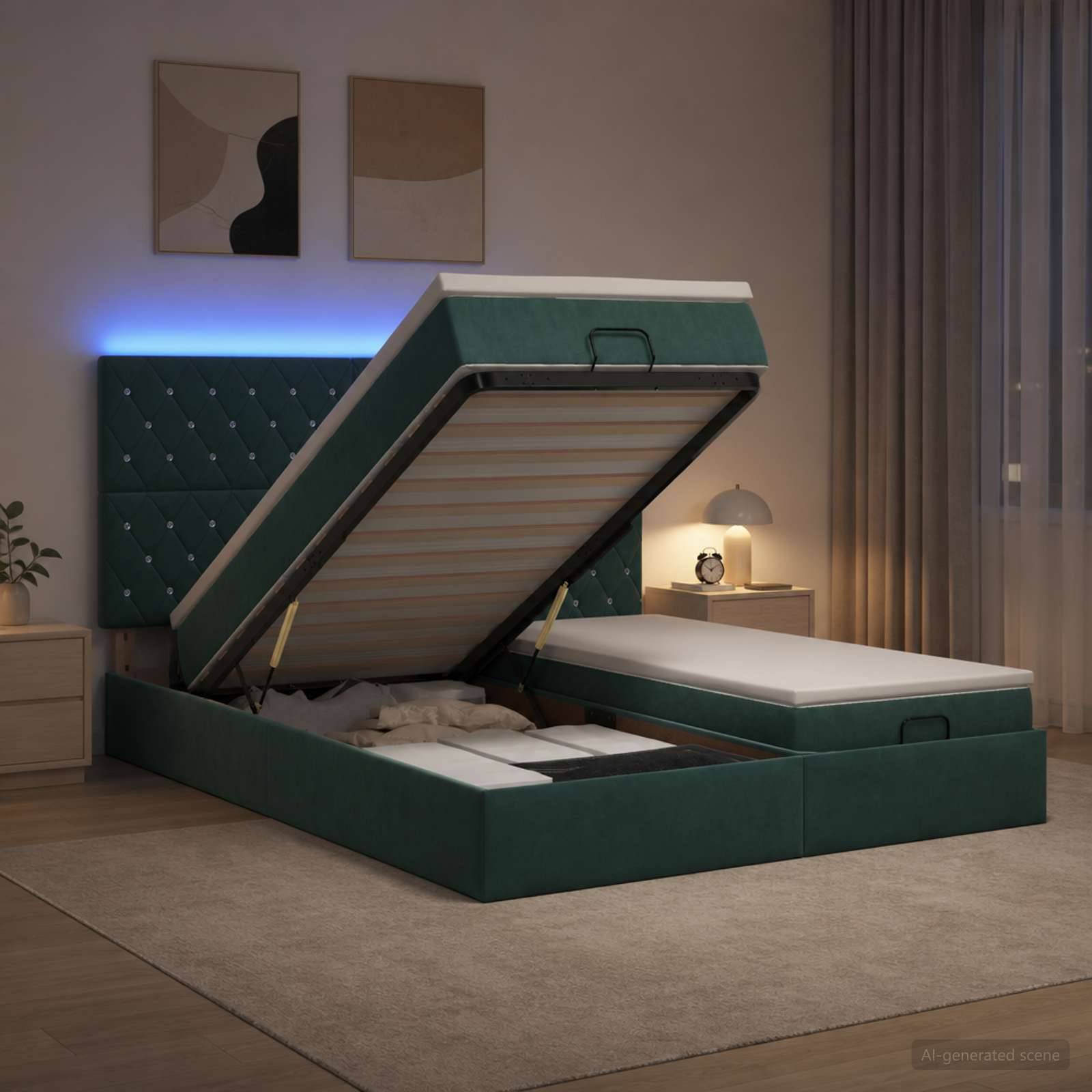 Modernes Bett mit grünem Polster, gestepptem Kopfteil und aushebbarer Matratze, die ein Lagerungsfach enthüllt, in einem sanft beleuchteten Schlafzimmer.