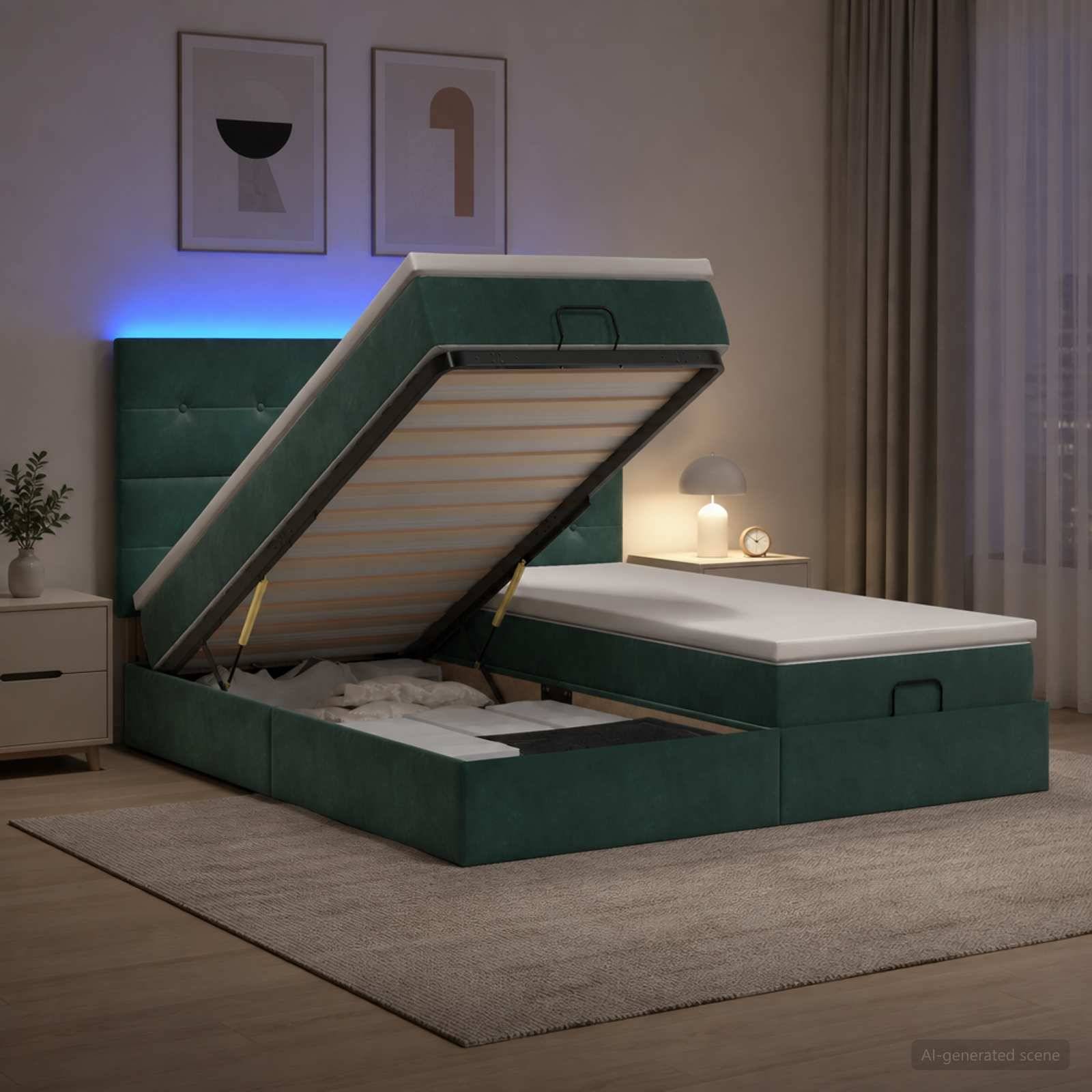 Grünes gepolstertes Speicherbett mit hochgeklappter Matratze, das das Unter-Bett-Fach in einem modernen Schlafzimmer zeigt.