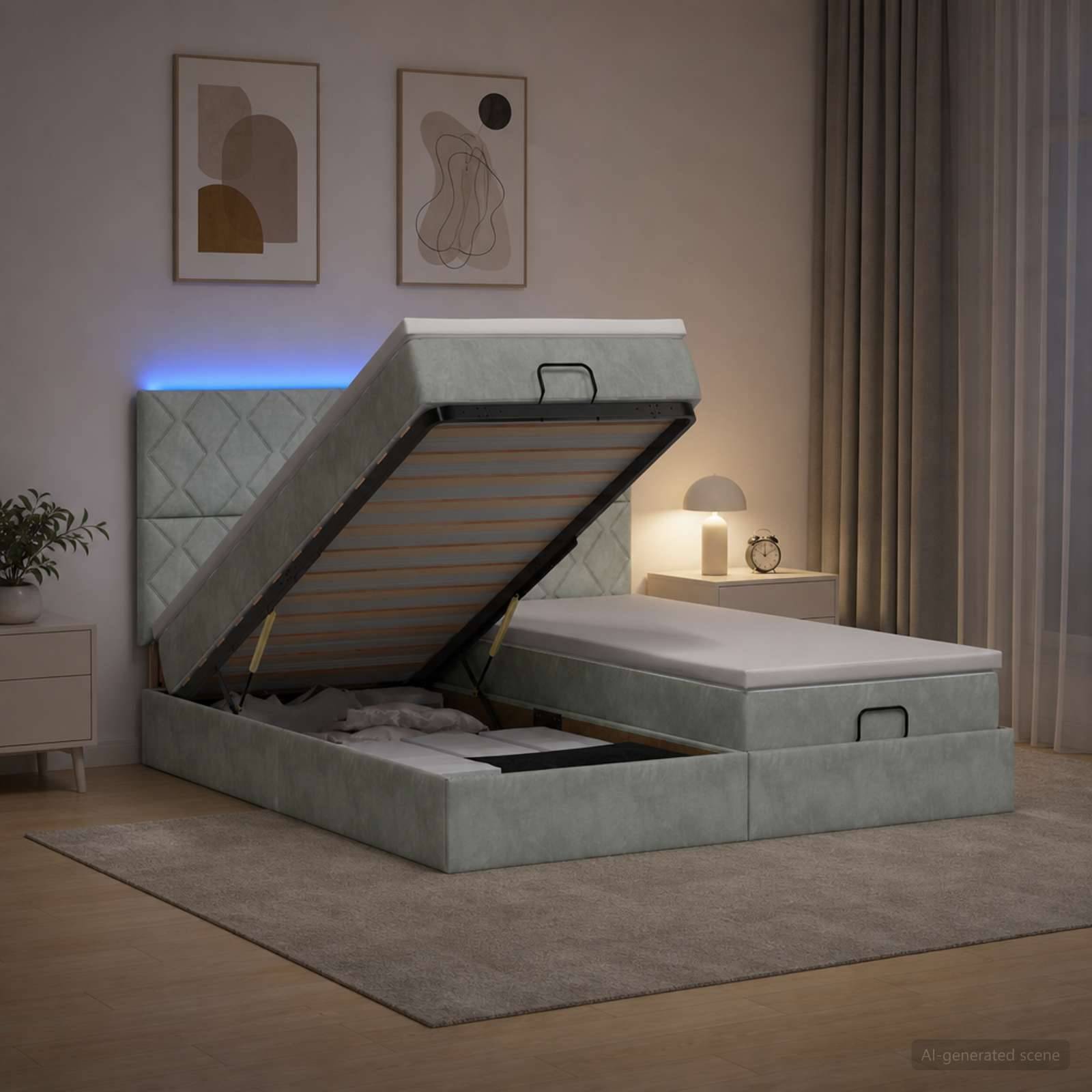 Modernes gepolstertes Bett mit hydraulischem Hubspeicher geöffnet, zeigt das Unter-Bett-Stauraum-Fach in einem sanft beleuchteten Schlafzimmer.