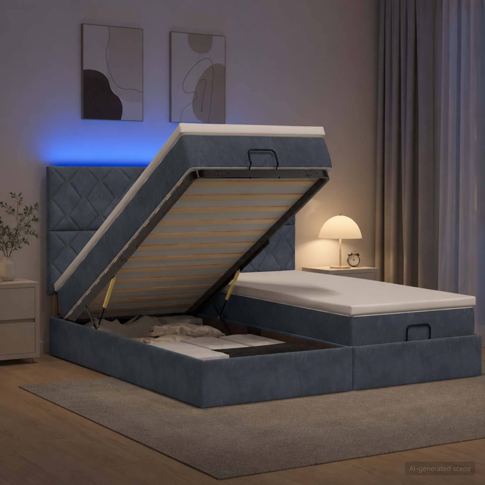 Blaues Polsterbett mit Liftsystem und offenenem Stauraum, der die Latten-Unterkonstruktion zeigt, in einem modernen Schlafzimmer.