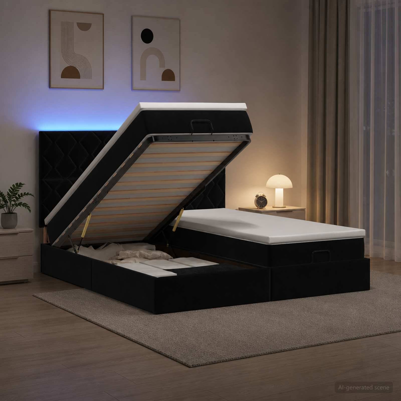 Schwarzes gepolstertes Speicherbett mit angehobener Matratze, das Unter-Bett-Lagerschubladen in einem modernen Schlafzimmer mit Nachttischlampe und Wandkunst offenbart.