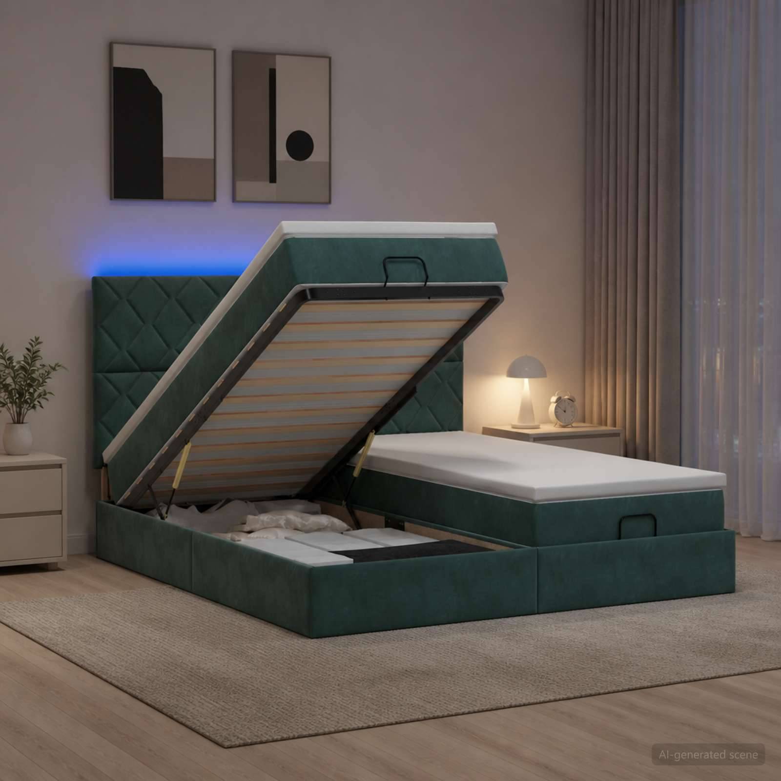 Modernes grünes gepolstertes Speicherbett in einem Schlafzimmer, gezeigt offen, um die angehobene Matratze und das Lagerungsabteil darunter zu offenbaren.