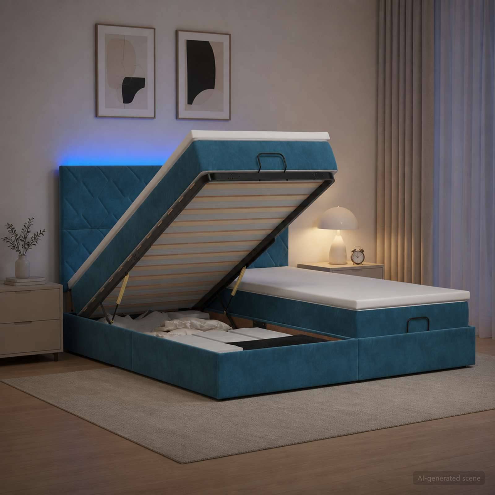 Teal gepolstertes Funktionsbett mit Hebedeckel geöffnet, zeigt die Matratzenunterlage und den Stauraum unter dem Bett in einem modernen Schlafzimmer