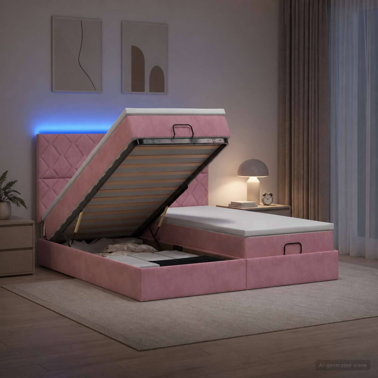 Pink gepolstertes Speicherbett mit angehobener Matratze auf einem Scharnier-Rahmen, das Stauraum unter dem Bett in einem sanft beleuchteten Schlafzimmer offenbart.