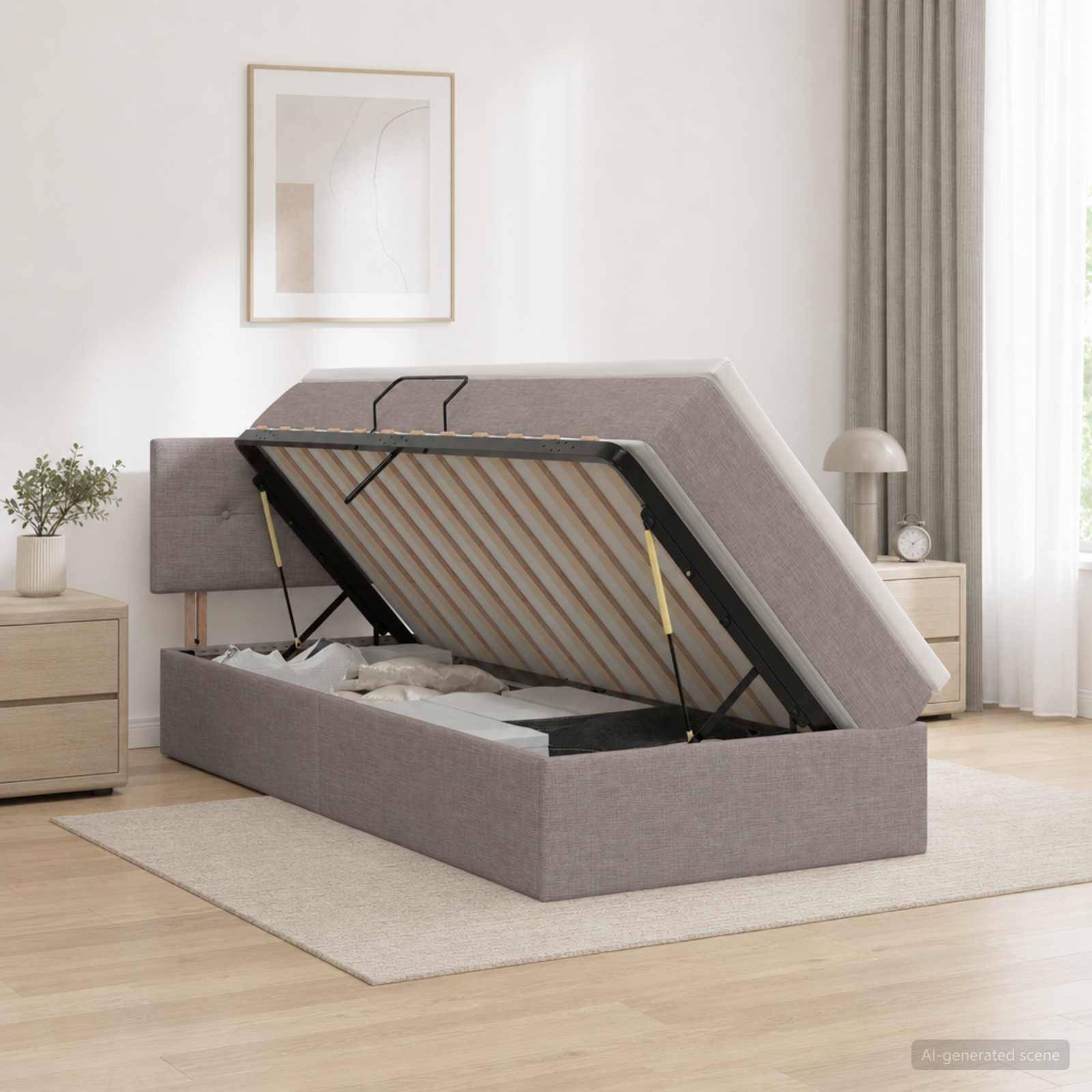Grau gepolstertes Bett mit Hubmechanismus in einem hellen Schlafzimmer, auf dem die Matratzenplattform angehoben ist und das darunter liegende Lagerungsabteil zeigt.